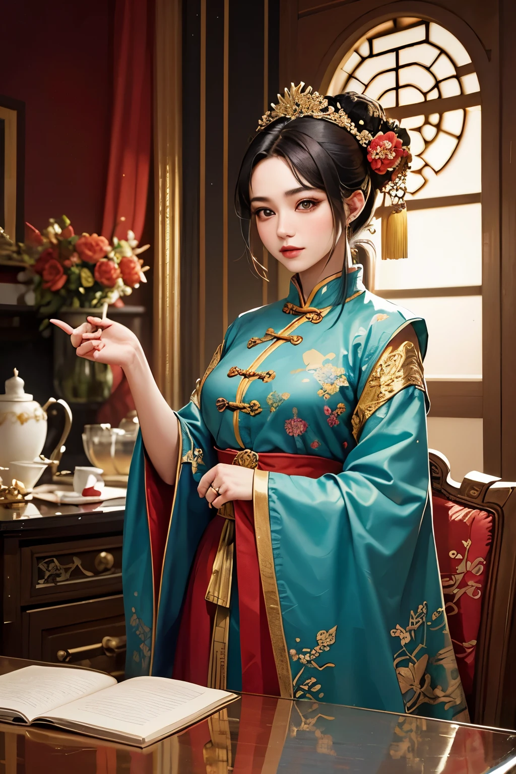 masterpiece, top quality, best quality, official art, beautiful and aesthetic, one Piece's Hancock, ancient Chinese clothing, exquisitely detailed, intricately patterned, vibrant colors, traditional Chinese attire, silken fabric, flowing sleeves, elaborate embroidery, regal accessories, elegant posture, serene expression, captivating, enchanting, enlarged portrait, collectible art, Chinese mythology inspired, breathtaking beauty, evoking nostalgia, mesmerizing, precious gemstones adornment, delicate jade ornaments, golden accessories, perfect composition, surreal effect, extraordinary craftsmanship, celebrate Hancock'