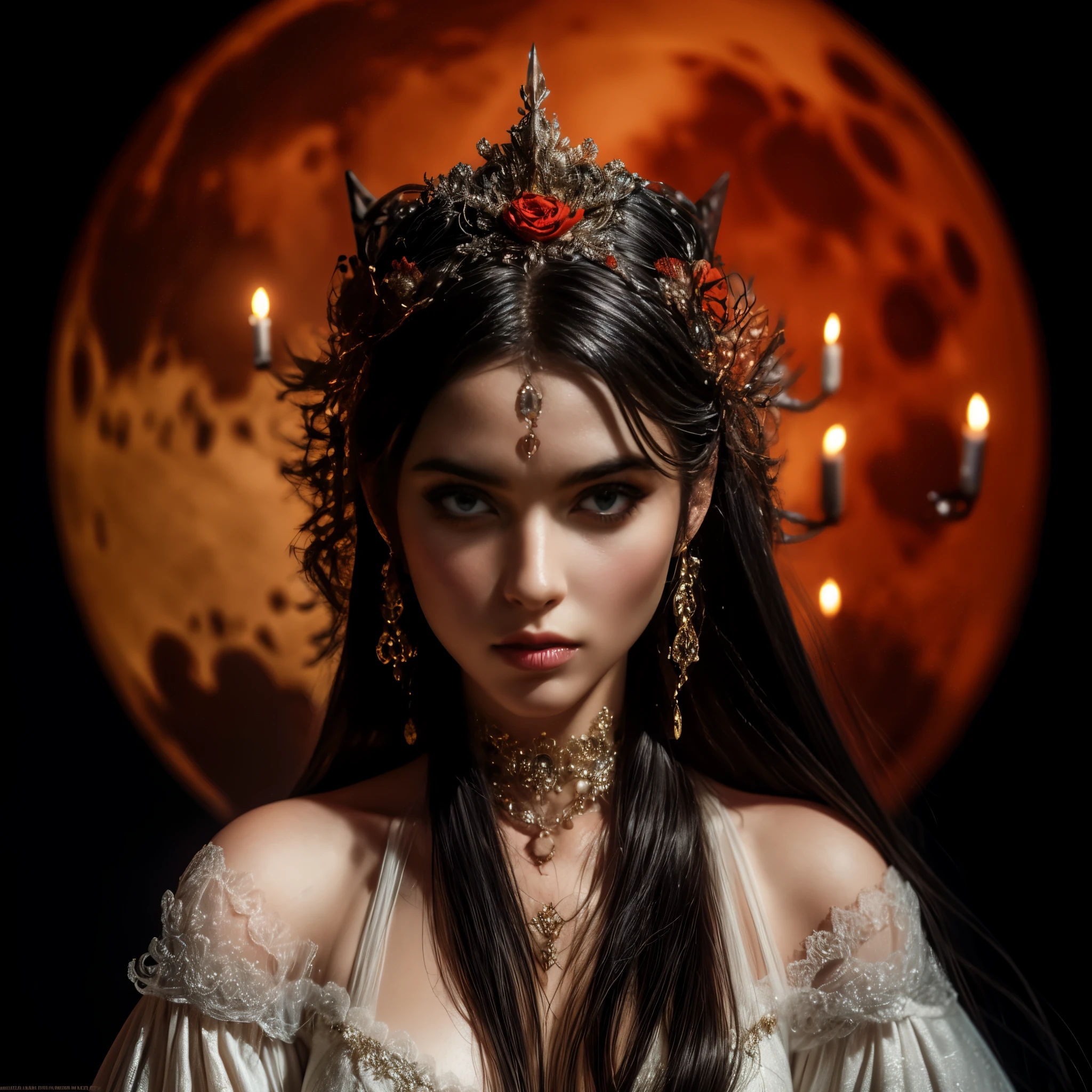 ((hyperrealistic, photorealistic, intricate details, full HD, maximum quality)) A dark elf, with full breasts, full lips, silky pale skin, flowing black hair, with funereal flowers in her hair, beautiful eyes, with a red full moon behind her head ((red moon, intricate details)) and a night sky, wearing a pure white low-cut dress, hyperrealistic dark elf sorceress, photorealistic dark elf, a beautiful goddess of nature under the moonlight of intricate details.