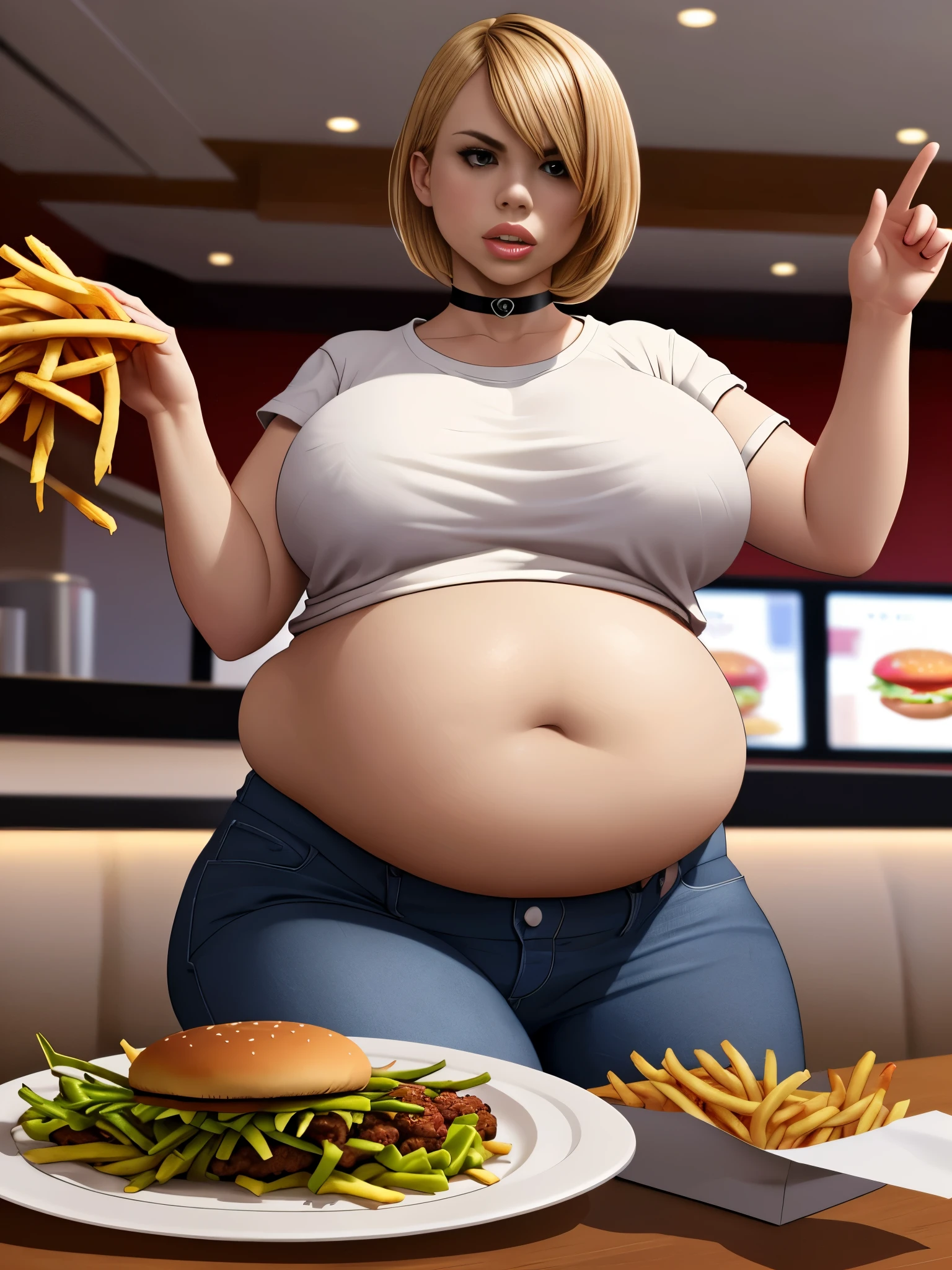 Billie Piper, masterpiece quality, realistic, lots of detail, in a McDonald’s, in a busy fast food restaurant, wearing leather jacket, wearing white t-shirt, (white t-shirt:1.5), wearing blue jeans, wearing choker collar, shirt hair, sexy pose, hamburgers and french fries on table, big breasts, (big breasts:1.2), sitting at table, chubby belly, (chubby belly:1.2),