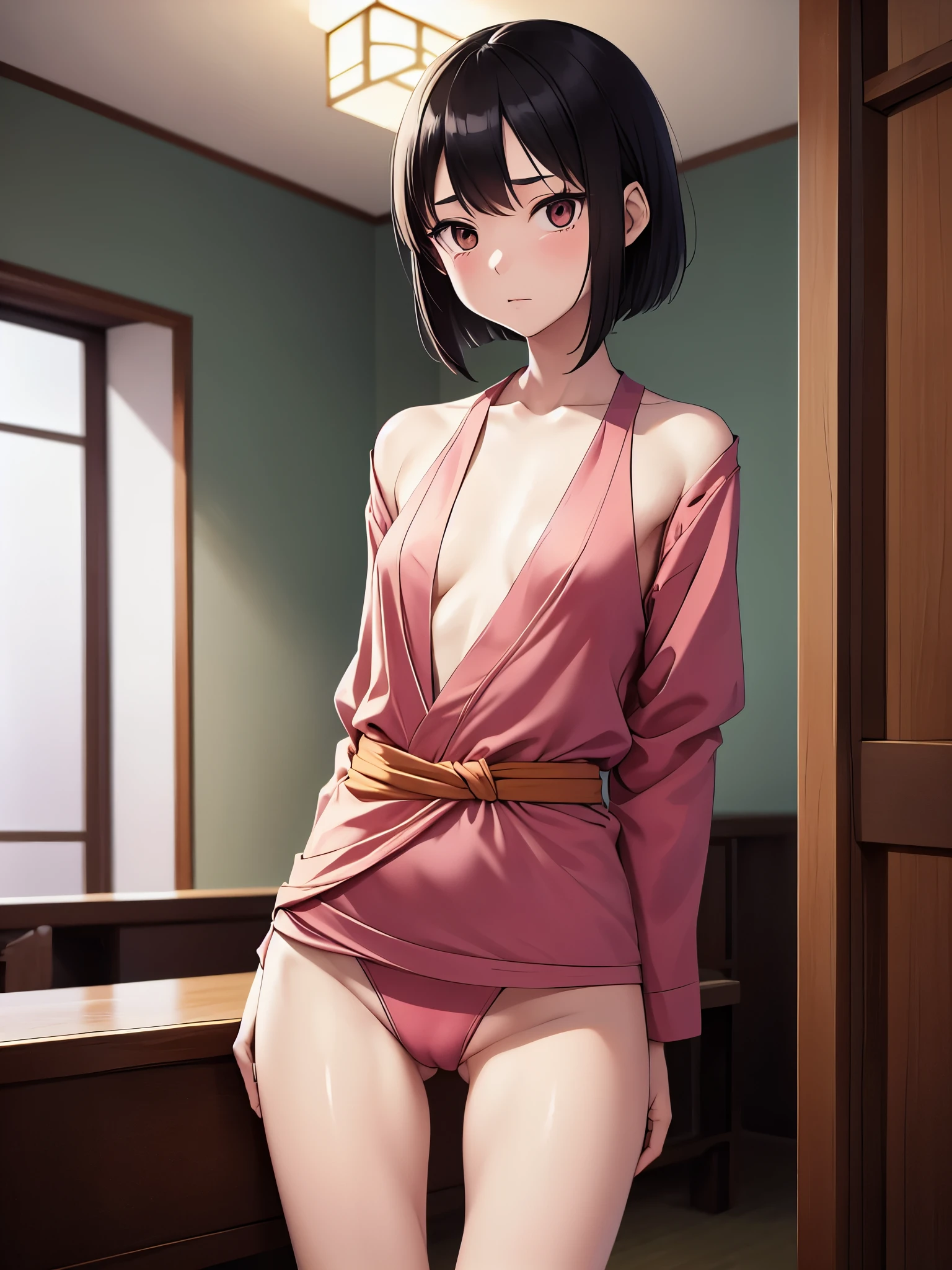 japanese girl, 18 years old,Look younger than actual age, short and thin. Its body is small and slender. her skin is pale, Short black messy hair. She has a sleepy look on her face. She was walking through a dimly lit room. She's wearing little silk pajamas. Her breasts are small, Flat and in bad shape. Her waist is thin,The hips are narrow. His legs are very thin and thin. , camel toe. Xin Haicheng, masterpiece. alone in a room.