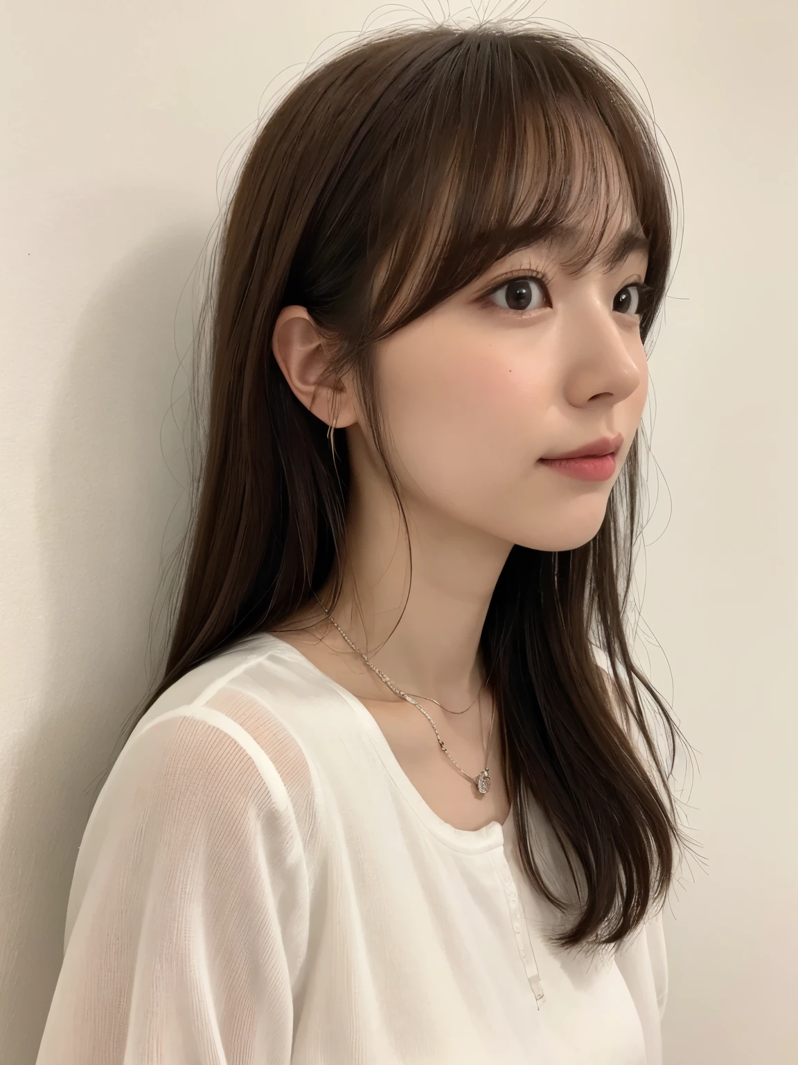 (Highly realistic photos, High resolution, detailed face, fine eyes), ((Taken in front of a white wall))、japanese woman, 40 years old, various expressions, alone:1, slim figure, different hairstyles, casual clothes, Only one person appears in the photo、long sleeve dress、Photographed in natural light、simple necklace、spring clothes、don&#39;t look at the camera、profile、dark brown hair color、bob hair、hands are down