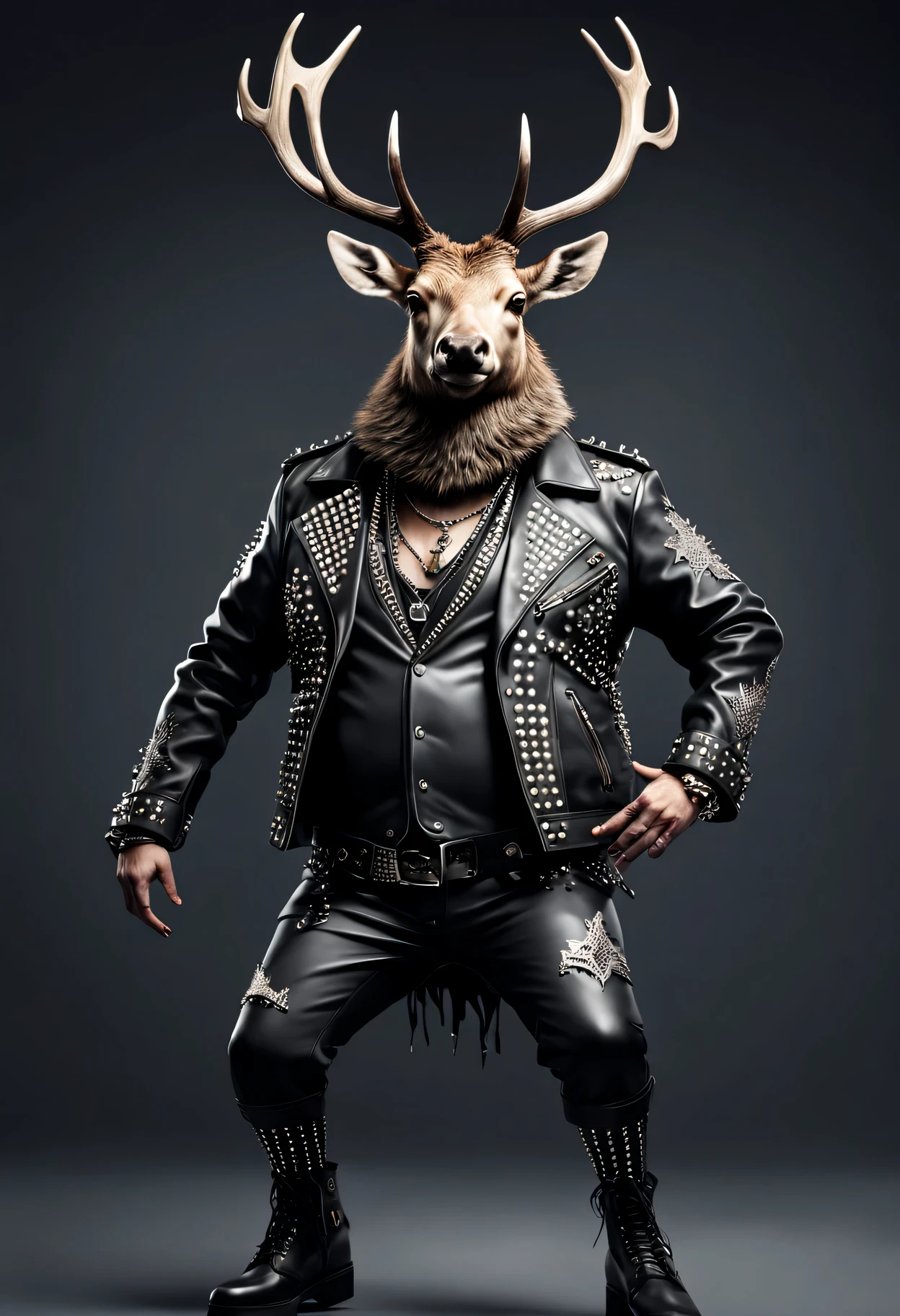 photorealistic portrait of Dressed animals - a ((fat) elk punk-rocker, (full body image:1.5), (dancing action pose:1.5), Wearing a tailored black leather jacket featuring intricate silver stud patterns reminiscent of sacred symbols, adorned in a modern punk-rock ensemble,, detailed and opulent description of modern punk-rock style, studio lighting, intricate ornate accessories, simple background