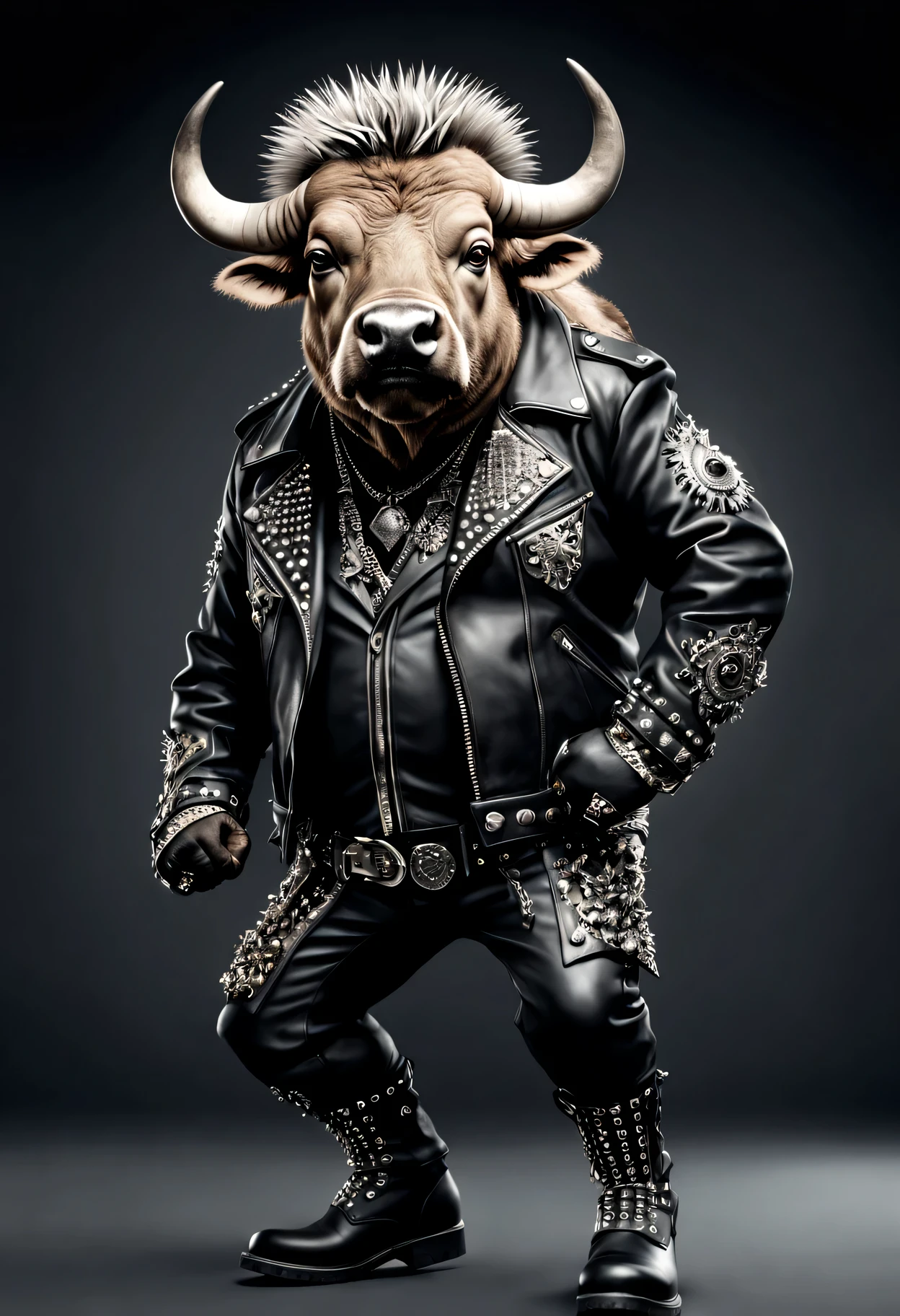 Cow, short beard, white hair, white king outfit with furry cape, holding microfone, huge chest, huge ass, malicious, scary smile, milk coming out of the nipple, animal