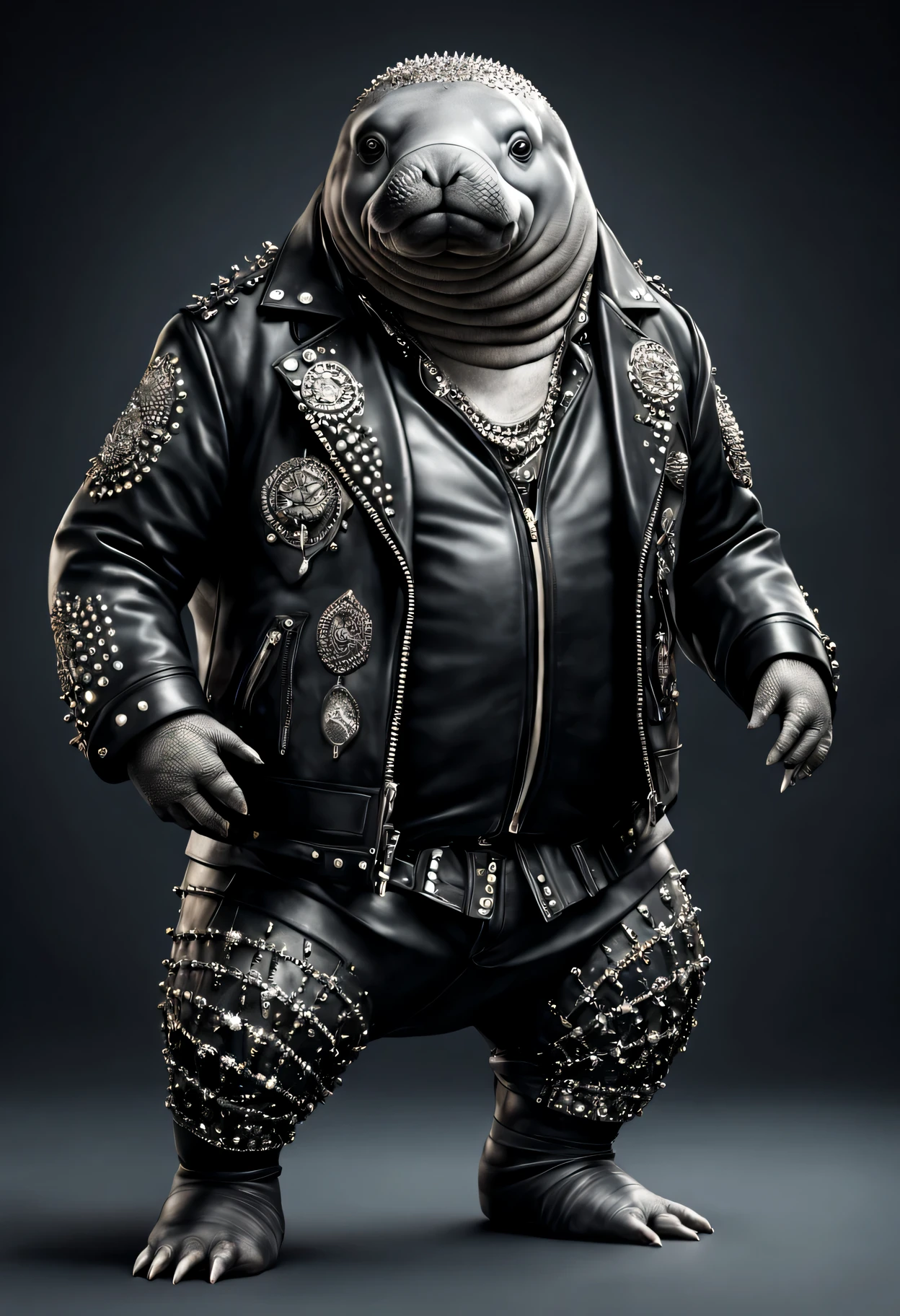 photorealistic portrait of Dressed animals - a ((fat) manatee punk-rocker, (full body image:1.5), (dancing action pose:1.5), Wearing a tailored black leather jacket featuring intricate silver stud patterns reminiscent of sacred symbols, adorned in a modern punk-rock ensemble,, detailed and opulent description of modern punk-rock style, studio lighting, intricate ornate accessories, simple background