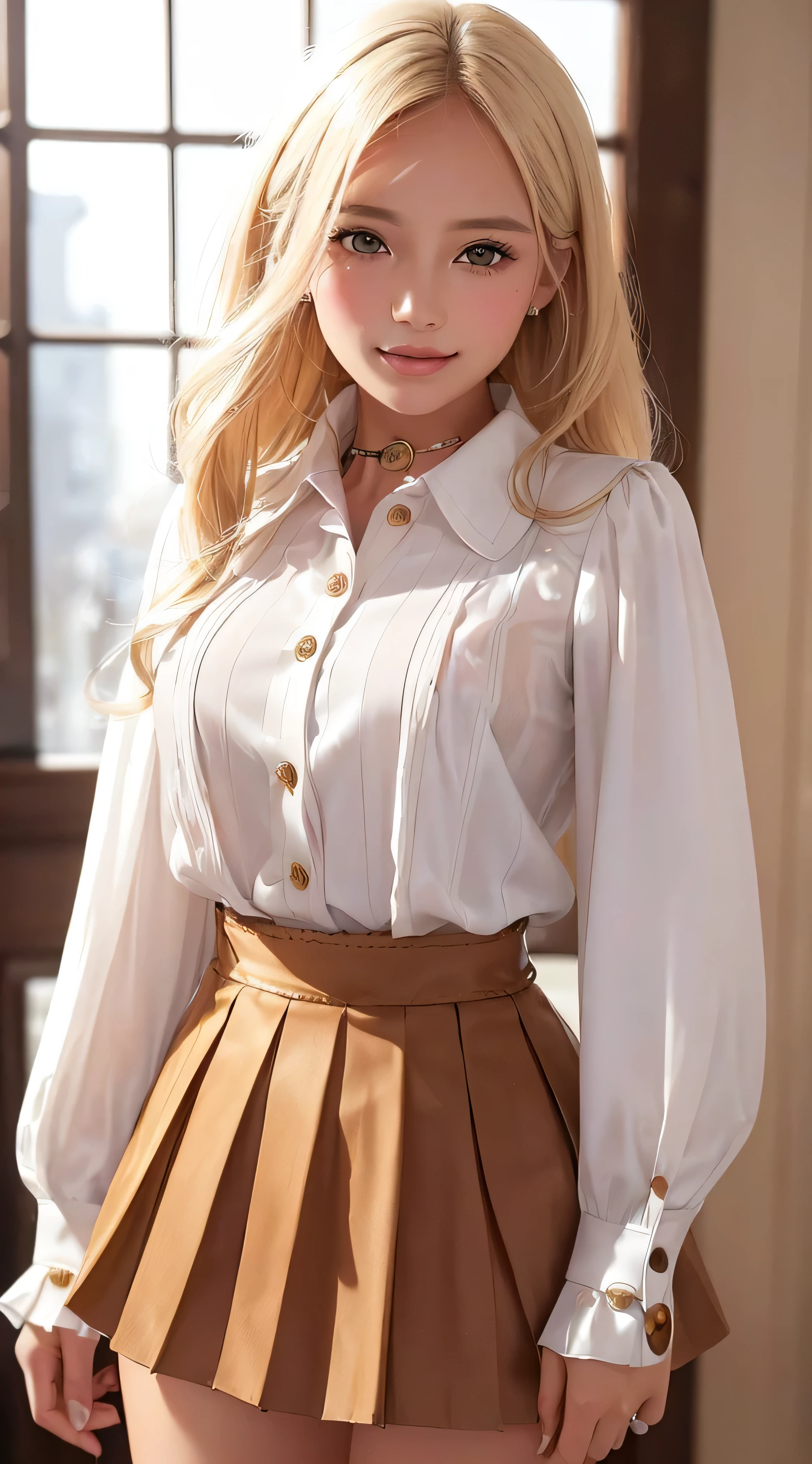 European and American women, Fashion Model, Glamour, Paparazzi took pictures of her, blonde hair, brown eyes, 8K, high quality, masterpiece, 最high quality, HD, very detailed、voluminous lighting, photorealistic、((white long sleeve button up blouse_with collar_Remove up to the second button_brown pleated mini skirt:1.3)),((shy smile:1.3)),