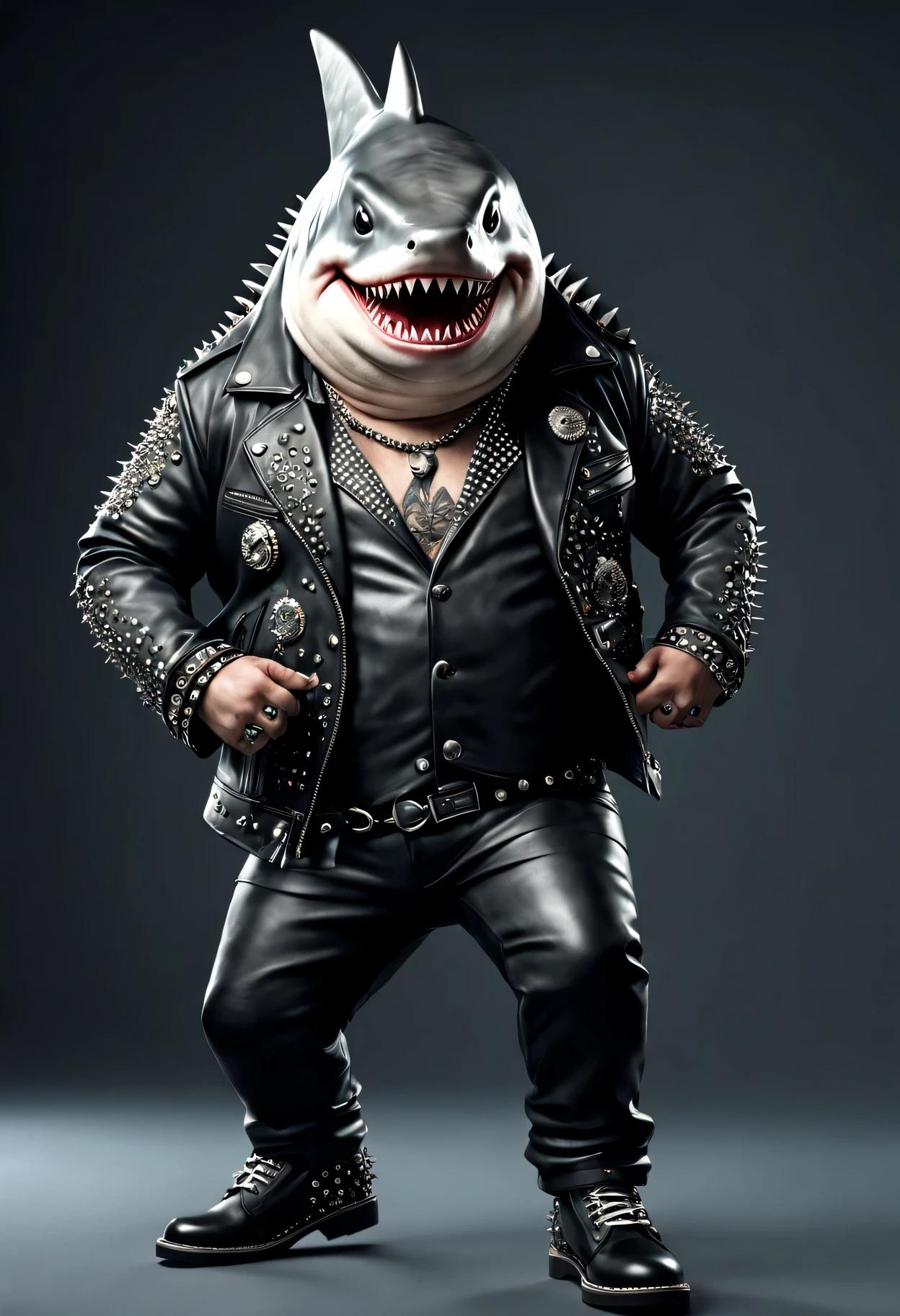 photorealistic portrait of Dressed animals - a ((fat) shark punk-rocker, (full body image:1.5), (dancing action pose:1.5), Wearing a tailored black leather jacket featuring intricate silver stud patterns reminiscent of sacred symbols, adorned in a modern punk-rock ensemble,, detailed and opulent description of modern punk-rock style, studio lighting, intricate ornate accessories, simple background