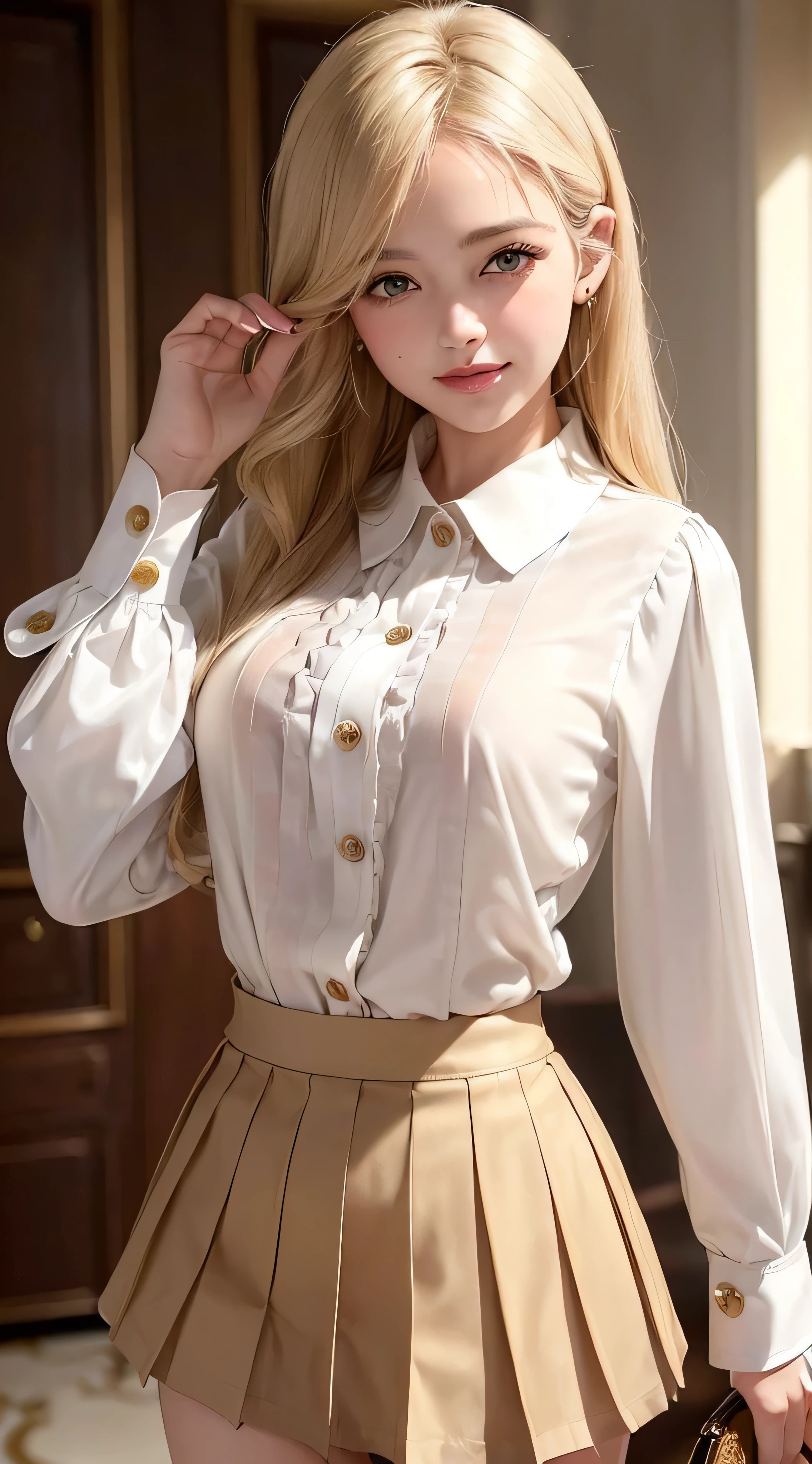 European and American women, Fashion Model, Glamour, Paparazzi took pictures of her, blonde hair, brown eyes, 8K, high quality, masterpiece, 最high quality, HD, very detailed、voluminous lighting, photorealistic、((white long sleeve button up blouse_with collar_Remove up to the second button＿brown pleated mini skirt:1.3)),((shy smile:1.3)),