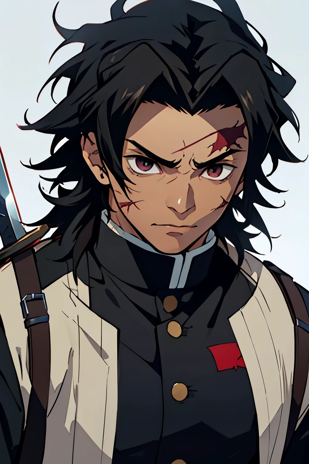 black young man, normal face, bored face, black hair, messy hair, scar on face, demon slayer uniform, strong, sword, young man