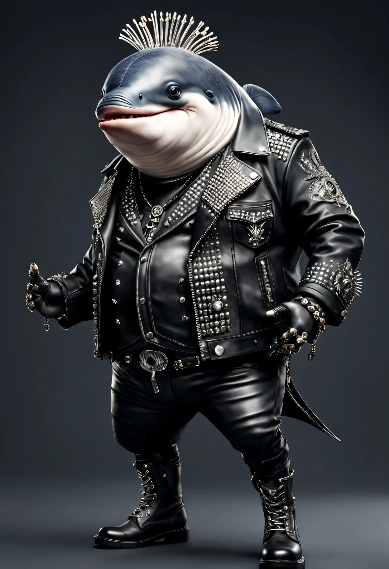 photorealistic portrait of Dressed animals - a ((fat) whale punk-rocker, (full body image:1.5), (dancing action pose:1.5), Wearing a tailored black leather jacket featuring intricate silver stud patterns reminiscent of sacred symbols, adorned in a modern punk-rock ensemble,, detailed and opulent description of modern punk-rock style, studio lighting, intricate ornate accessories, simple background