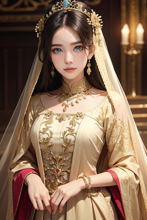 Beautiful woman in insanely intricate Empire era dress, looking at viewer,