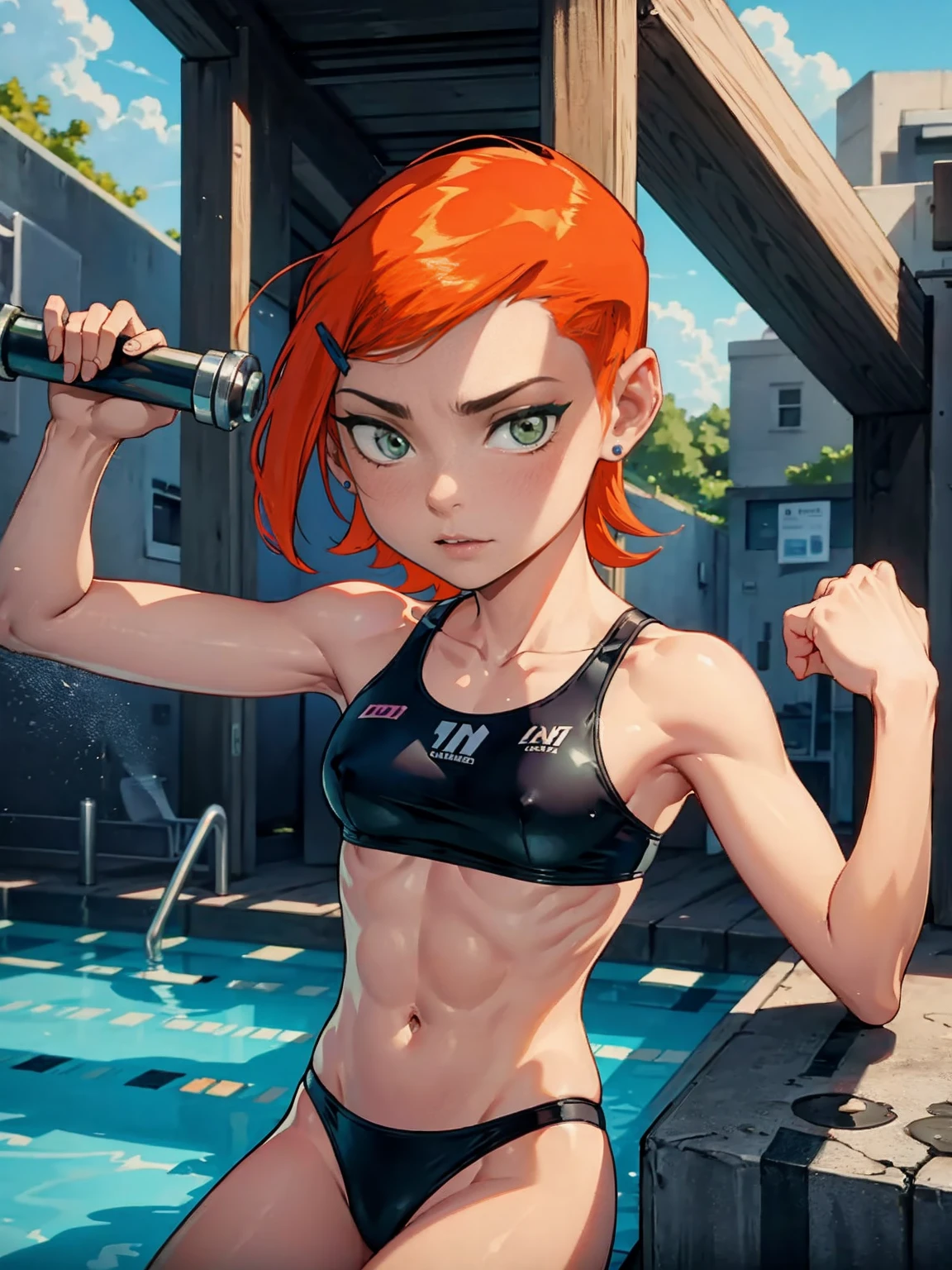 shaved side, fitness, fitness body, muscular, swimsuit aside, Gwen Tennyson, short hair, Gloss Body, wet body, dark green eyes, small breasts, pool background