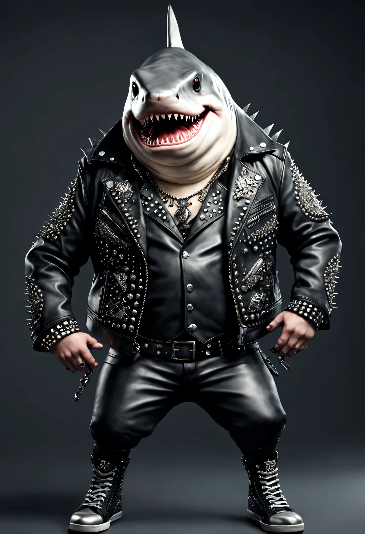 photorealistic portrait of Dressed animals - a ((fat) shark punk-rocker, (full body image:1.5), (dancing action pose:1.5), Wearing a tailored black leather jacket featuring intricate silver stud patterns reminiscent of sacred symbols, adorned in a modern punk-rock ensemble,, detailed and opulent description of modern punk-rock style, studio lighting, intricate ornate accessories, simple background