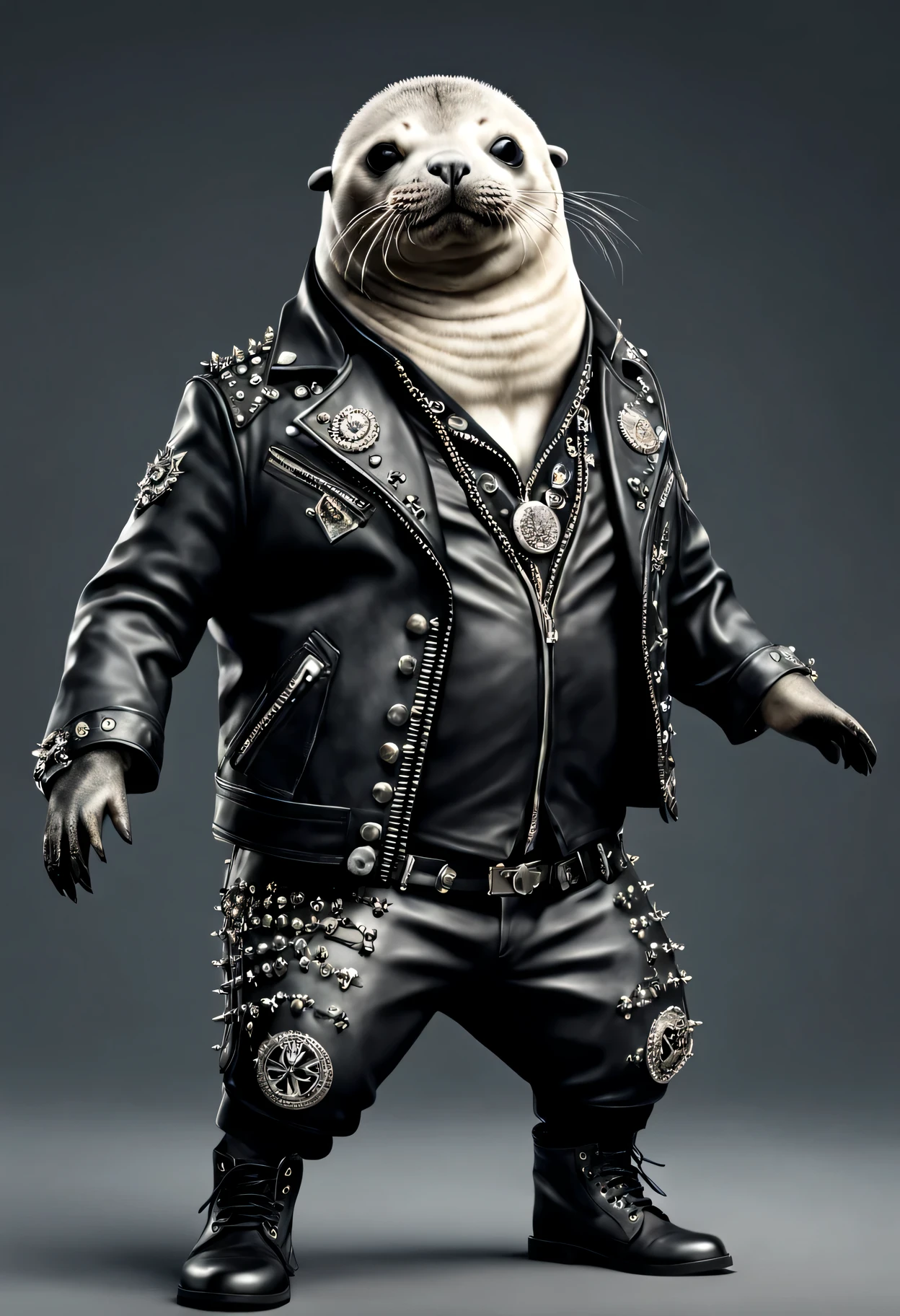 photorealistic portrait of Dressed animals - a ((fat) seal punk-rocker, (full body image:1.5), (dancing action pose:1.5), Wearing a tailored black leather jacket featuring intricate silver stud patterns reminiscent of sacred symbols, adorned in a modern punk-rock ensemble,, detailed and opulent description of modern punk-rock style, studio lighting, intricate ornate accessories, simple background