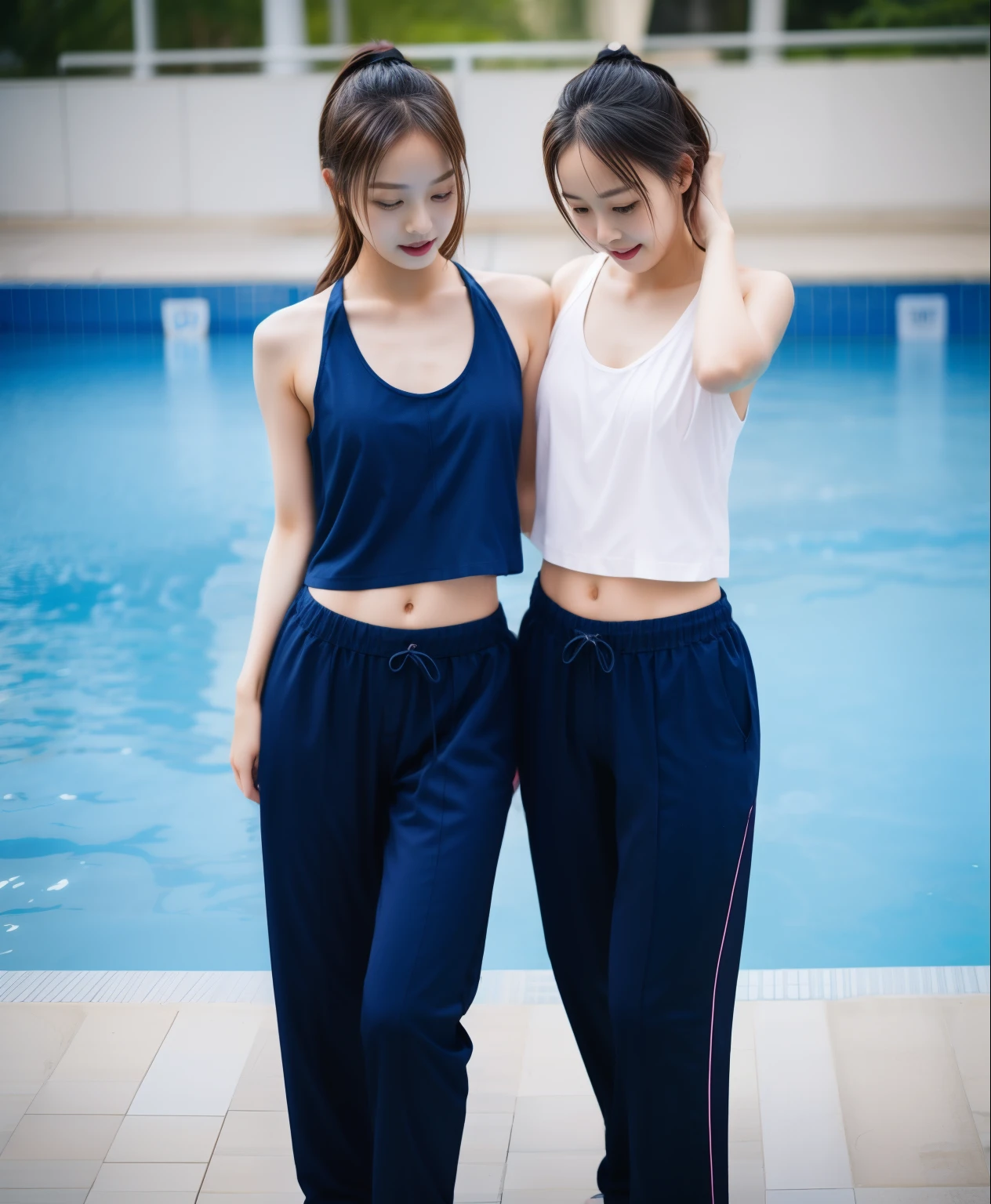 2 girls in the swimming pool, black underwear,Sweatpantsขายาวสีกรมท่า,Sweatpants, Sweatpantsขายาว,25 year old girl, lesbian, sexy, exercise clothes, wet body