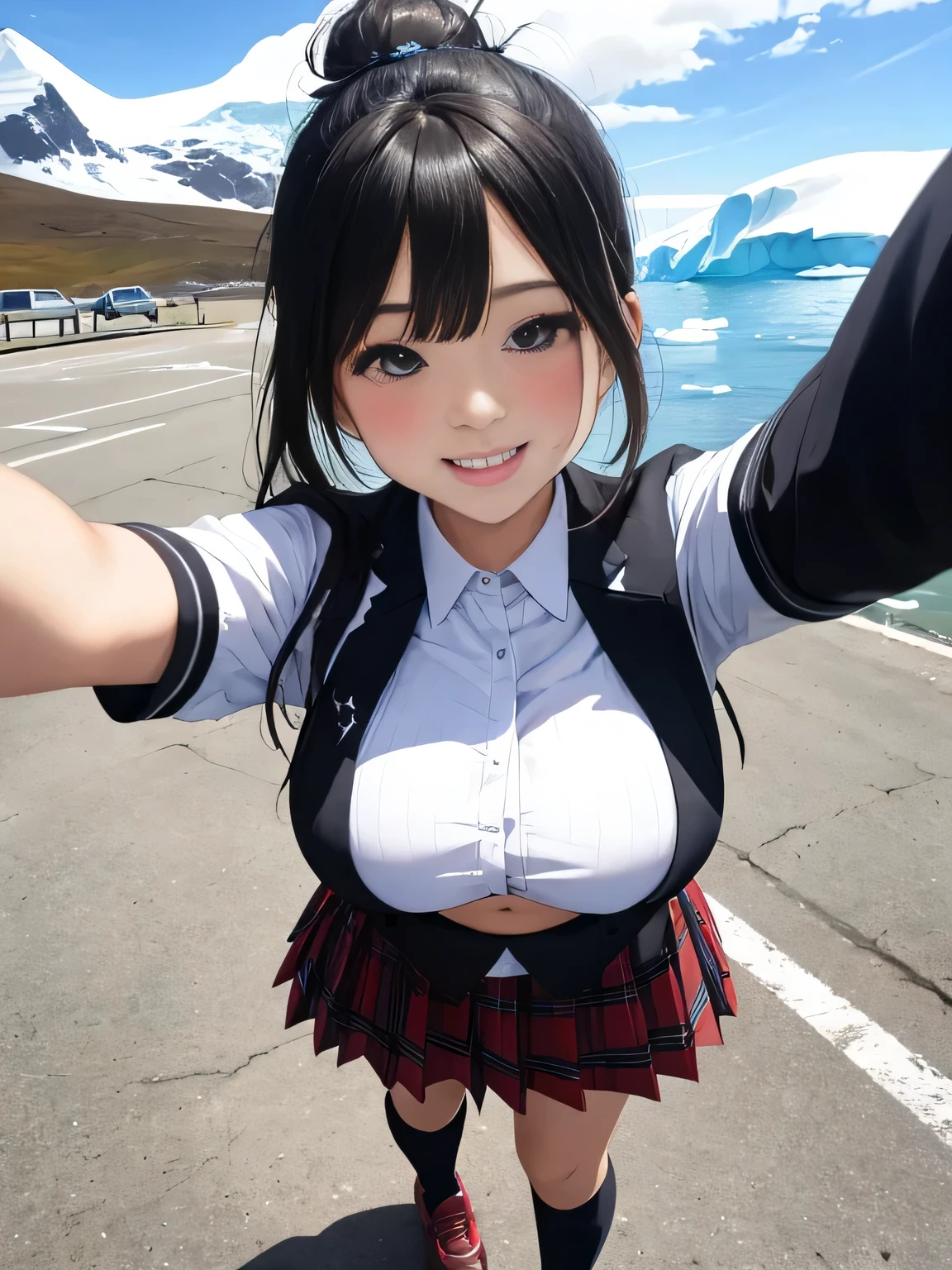 (8k、RAW photo、highest quality)、detailed background、beautiful and detailed face、beautiful and smooth skin、skin texture、professional lighting、Beautiful teenage girl、(three women)、(huge breasts)、sexy uniform、Pleated mini skirt with tartan plaid pattern、side pony、ponytail、cute hairstyle、ニーhigh socks、high socks、 selfie、school trip、Touch my chest playfully、laughter、smile、sexual expression、

Antarctica、ross ice shelf、Antarctica大陸、

You can also take photos with famous landmarks and symbols of your travel destination.、underboob、panty shot