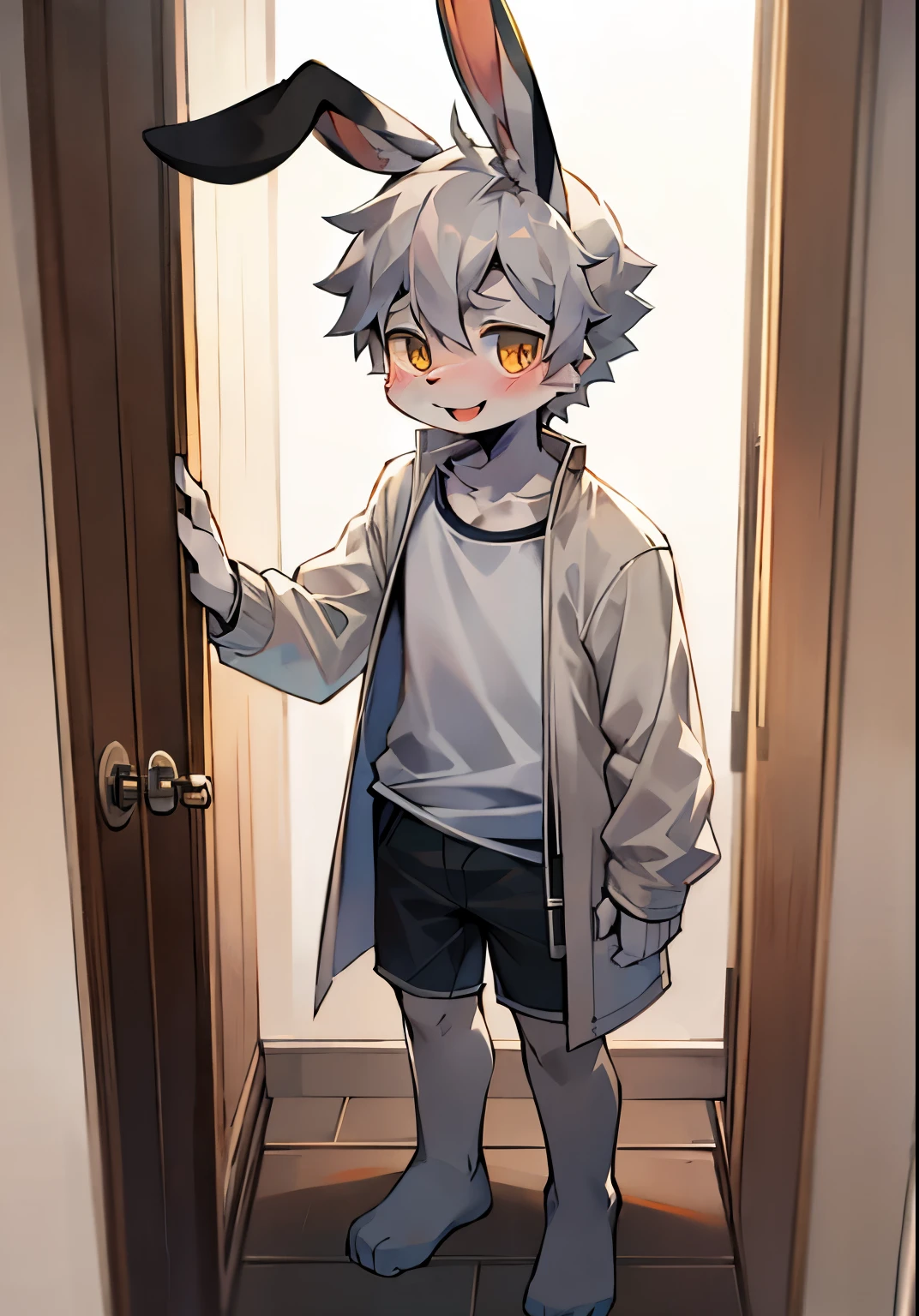 bunny boy,bunny ears,Characteristics of a -year-boy,m focus,furry men ,Furry Shota,Bright Eyes,gray hair,One meter six height,T-shirts,coat,shorts,Standing posture,happy
