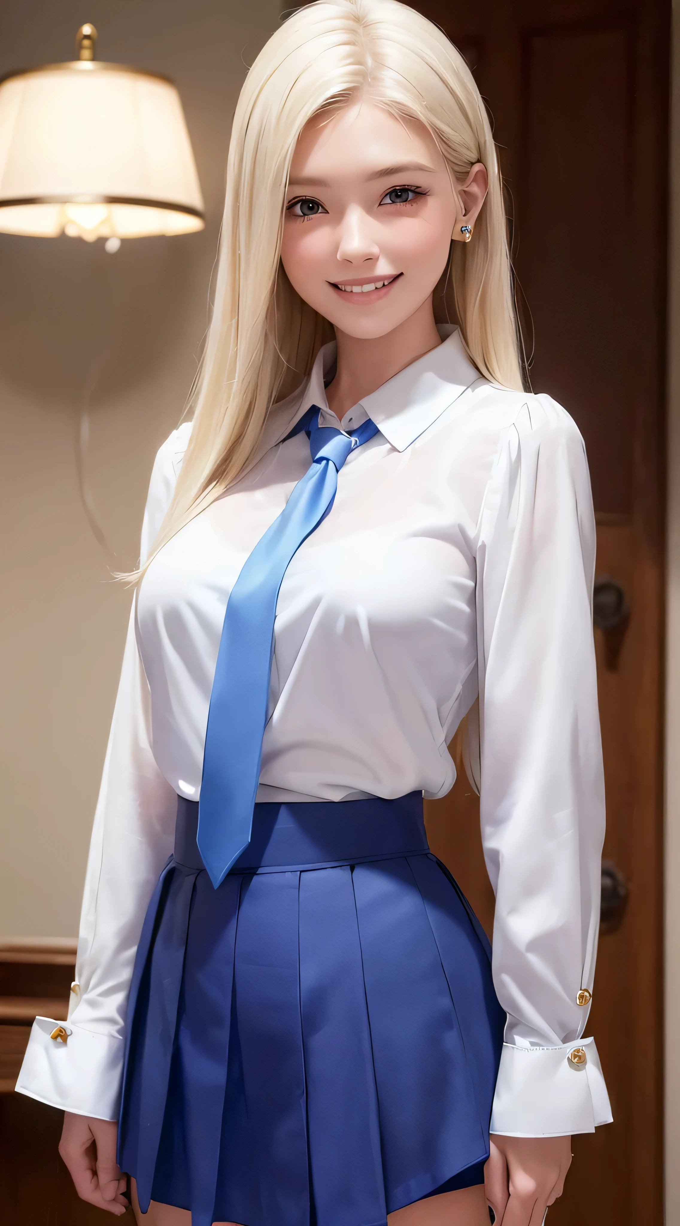 European and American women, Fashion Model, Glamour, Paparazzi took pictures of her, blonde hair, brown eyes, 8K, high quality, masterpiece, 最high quality, HD, very detailed、voluminous lighting, photorealistic、((white long sleeve button up blouse_with collar_Remove up to the second button_white lamp mini skirt_Put the shirt inside the skirt_Blue tie:1.3)),((shy smile:1.3)),