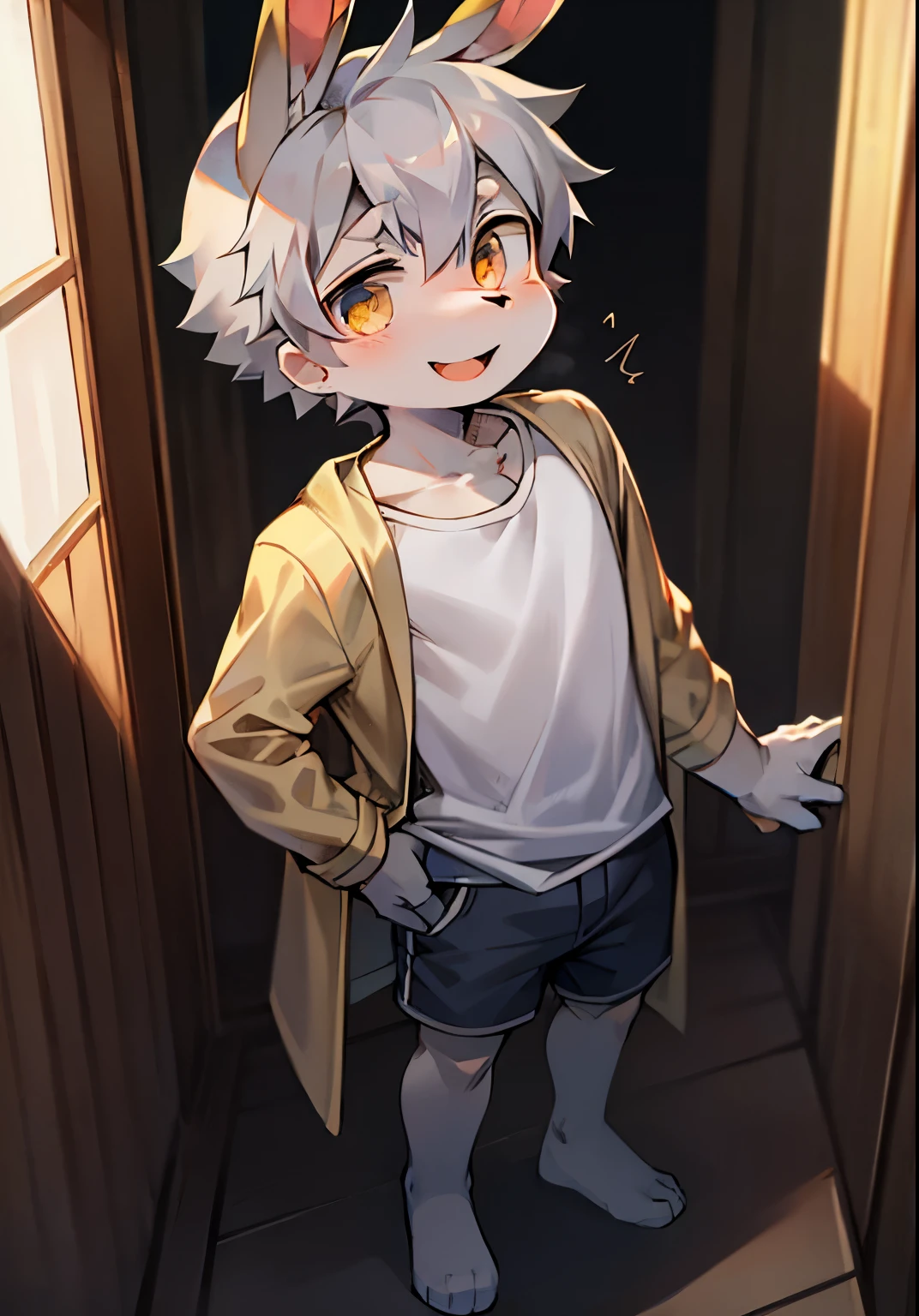 bunny boy，bunny ears，Characteristics of a three-year-old boy，male focus，furry men ，Furry Shota，Bright Eyes，gray hair，One meter six height，T-shirts，coat，shorts，Standing posture，happy