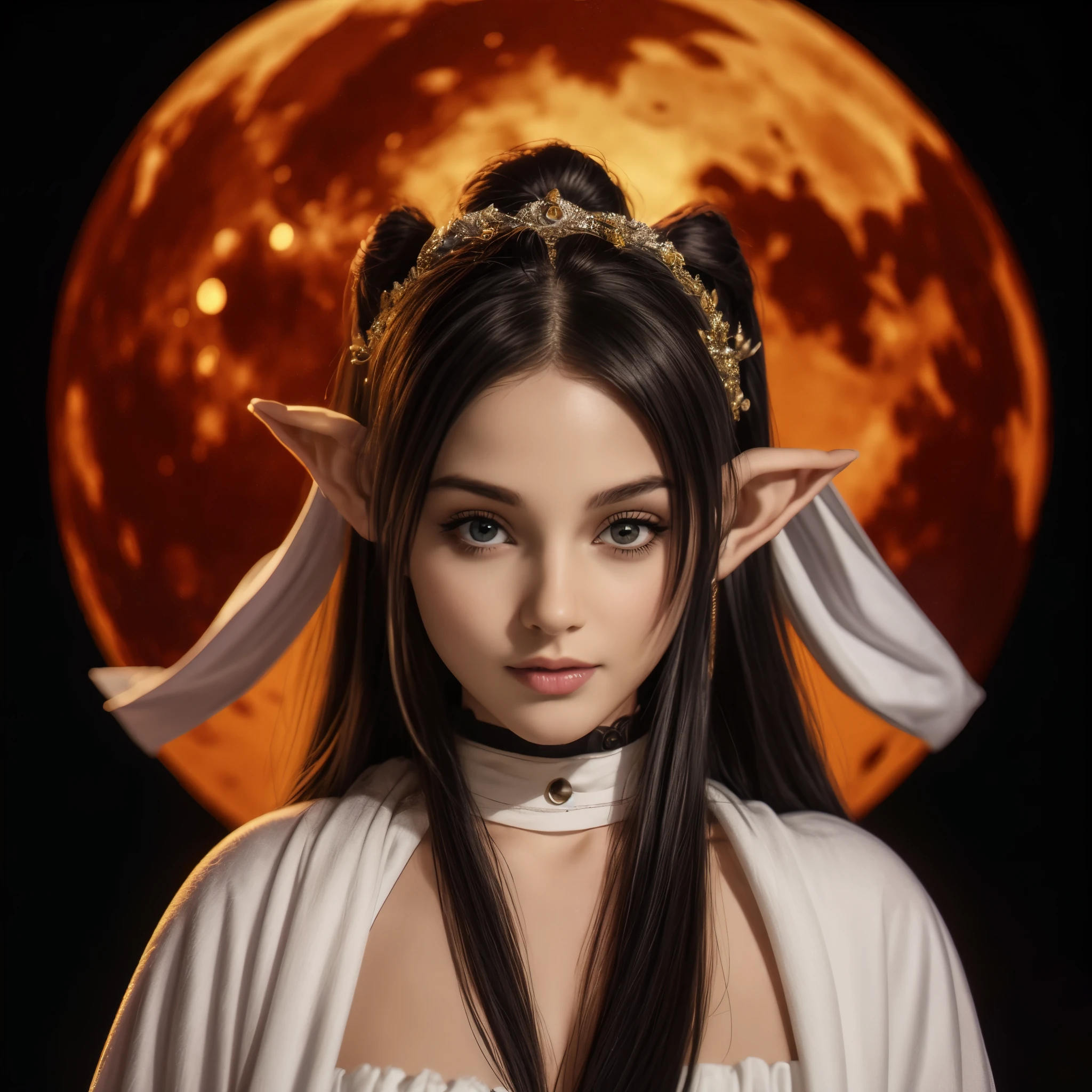 ((hyperrealistic, photorealistic, intricate details, full HD, maximum quality)) a dark elf, sexy, horny, hot, full breasts, full lips, silky pale skin, flowing black hair, with funereal flowers in her hair, beautiful eyes, with a red full moon behind her head ((red moon, intricate details)) and a night sky, smiling, wearing a pure white low-cut dress, beauty elf, hyperrealistic dark elf sorceress, photorealistic dark elf dark elf, a beautiful goddess of nature under the moonlight of intricate details.