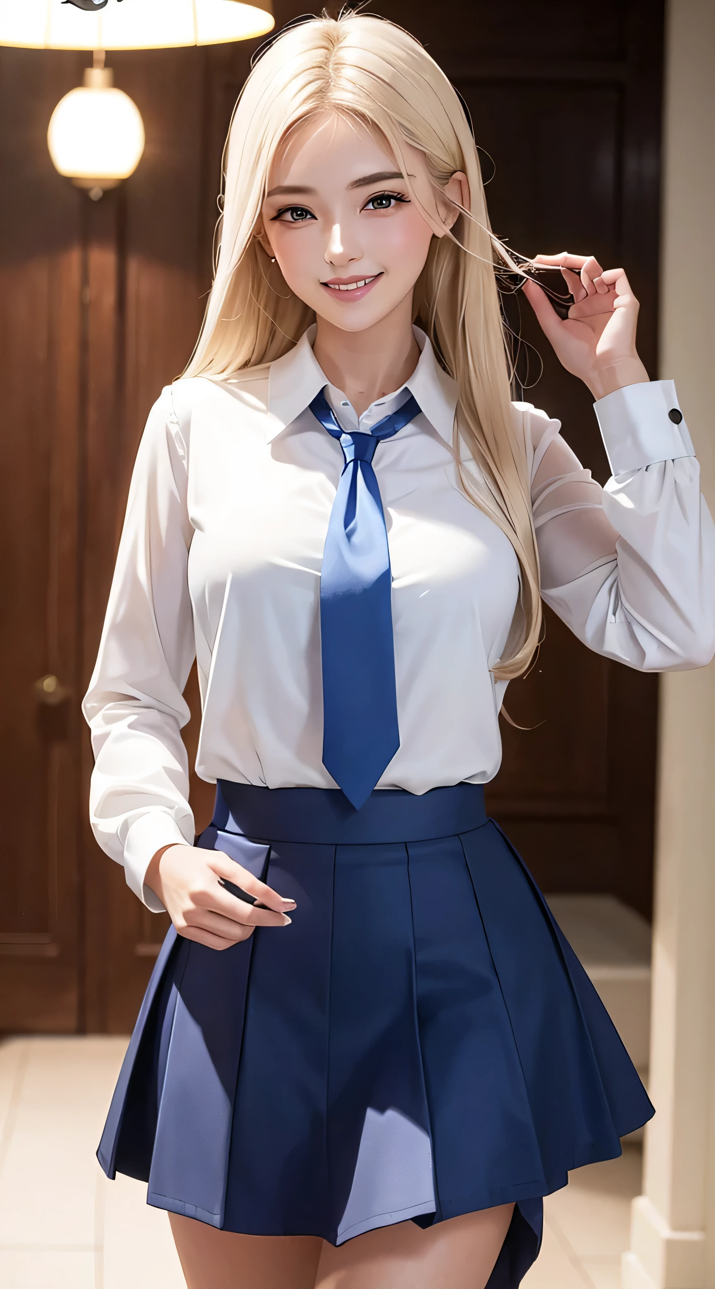 Woman with ,golden curly hair,Blue eyes,white fox ears,in a shirt, skirt and stockings