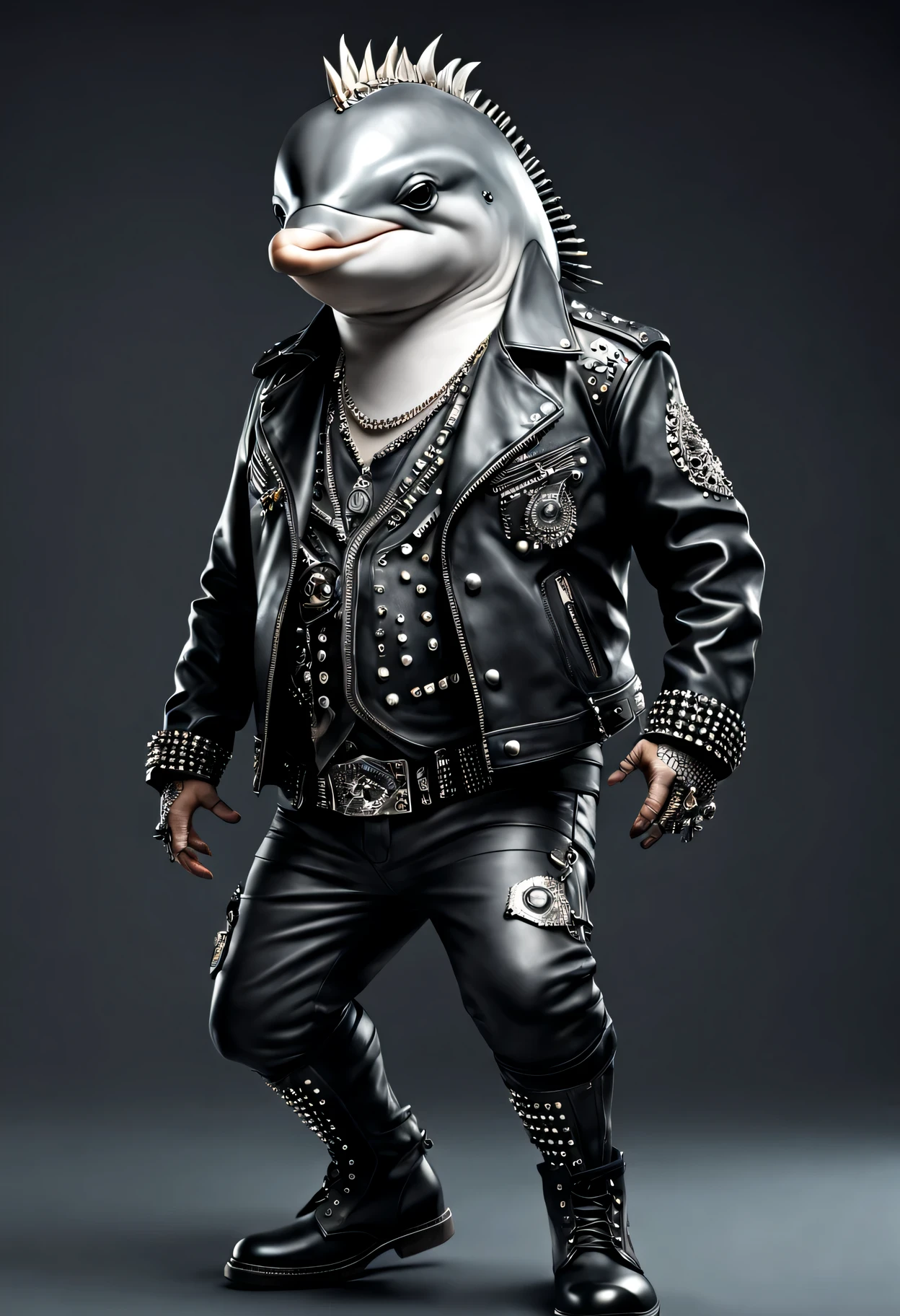 photorealistic portrait of Dressed animals - a ((fat) dolphin punk-rocker, (full body image:1.5), (dancing action pose:1.5), Wearing a tailored black leather jacket featuring intricate silver stud patterns reminiscent of sacred symbols, adorned in a modern punk-rock ensemble,, detailed and opulent description of modern punk-rock style, studio lighting, intricate ornate accessories, simple background