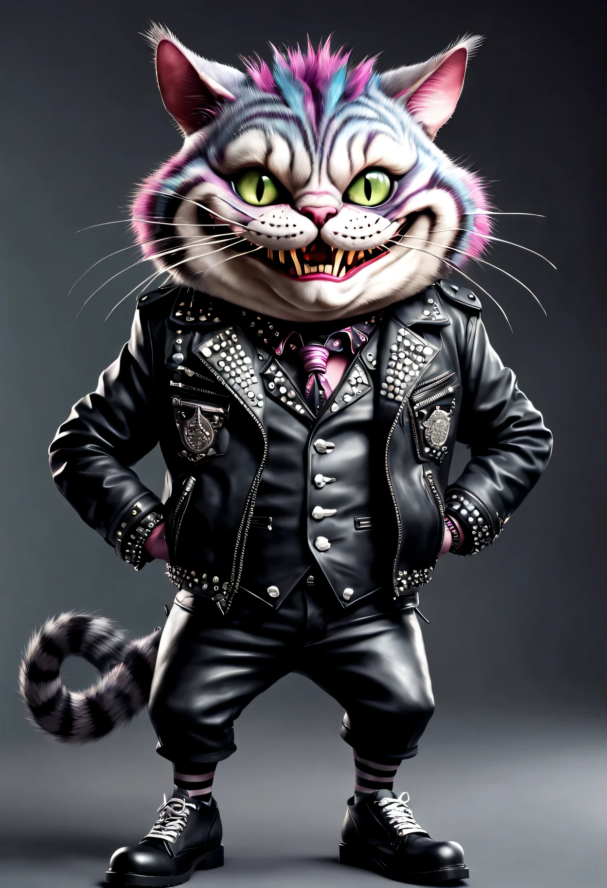 photorealistic portrait of Dressed animals - a ((fat) Cheshire cat punk-rocker, (full body image:1.5), (dancing action pose:1.5), Wearing a tailored black leather jacket featuring intricate silver stud patterns reminiscent of sacred symbols, adorned in a modern punk-rock ensemble,, detailed and opulent description of modern punk-rock style, studio lighting, intricate ornate accessories, simple background