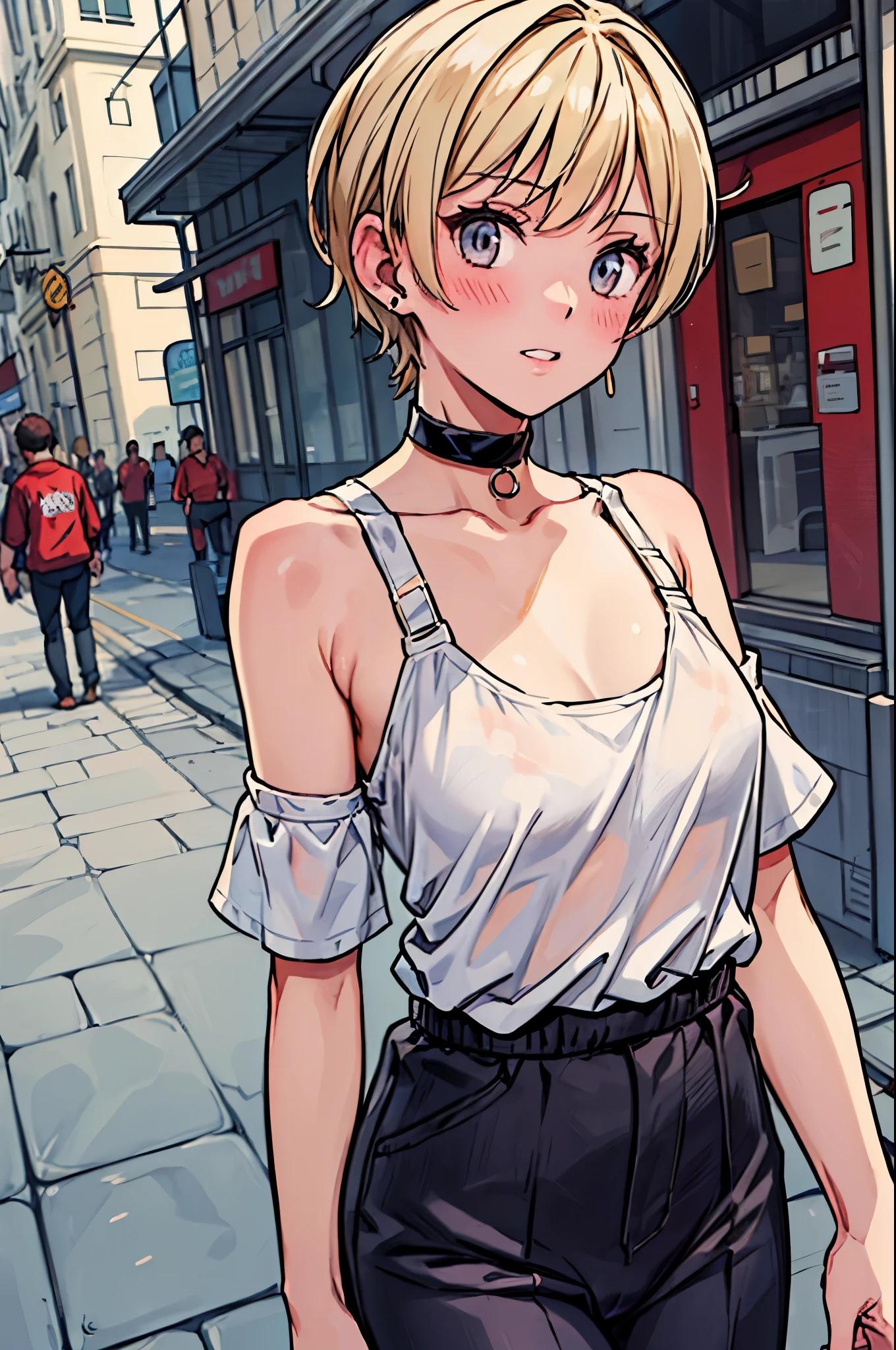 best quality,ultra-detailed,((background:outside street1,8)),(walking in the street),((face-focus),(portrait),((one boy)),((fem boy)),((trap)),((bulge)),black-choker,earrings((blonde short hair)),((man’s face)),((dress up as a woman)),((blush)),((flustred)),((poor-chest)),((flat-chest)),(cold-shoulder-t shirts),(sports-bra tops),vibrant colors,soft lighting,