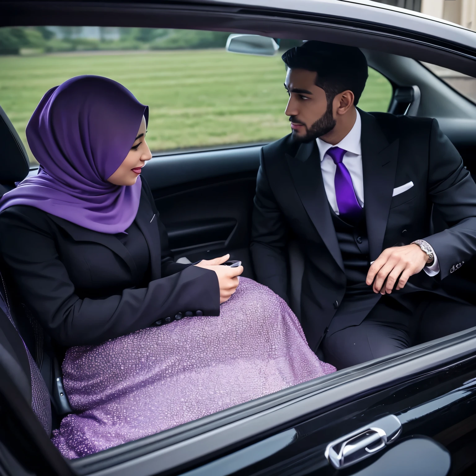A handsome and buffed ceo man in a black suit; with a beautiful secretary woman with purple hijab in an elegant gown, they talk to each other, seat in the back of the car. Look to each other, had conversations, with mouth open. Realistic. Very detailed. High definition.