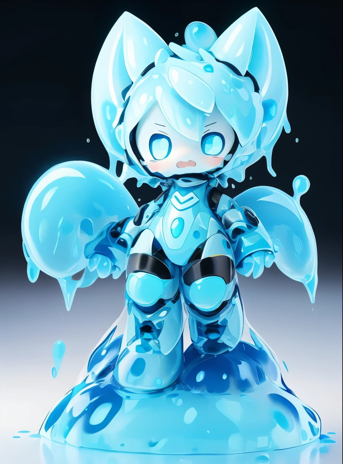 high quality,masterpiece,Mechanical white cat,Cat ears blue stripes,panic expression,Blue slime,blue slime,Blue slime滴落,身体潜入Blue slime,Blue slime覆盖腿,Correct tail