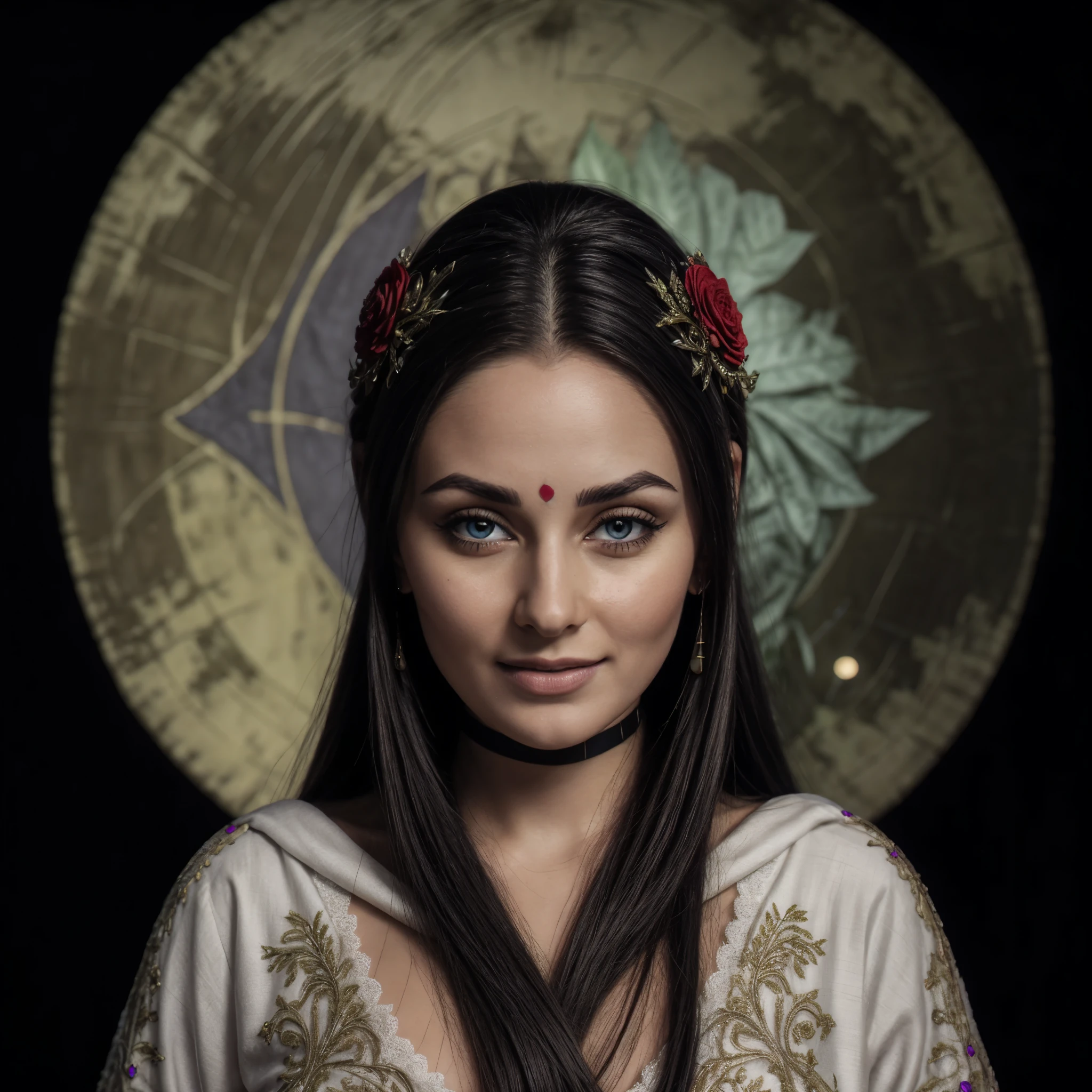 ((hyperrealistic, photorealistic, intricate details, full HD, maximum quality)) a dark elf, pointed ears, full breasts, full lips, silky pale skin, flowing black hair, with funereal flowers in her hair, beautiful eyes, with a red full moon behind her head ((red moon, intricate details)) and a night sky, smiling, wearing a pure white low-cut dress, hyperrealistic dark elf sorceress, photorealistic dark elf dark elf, a beautiful goddess of nature under the moonlight of intricate details.