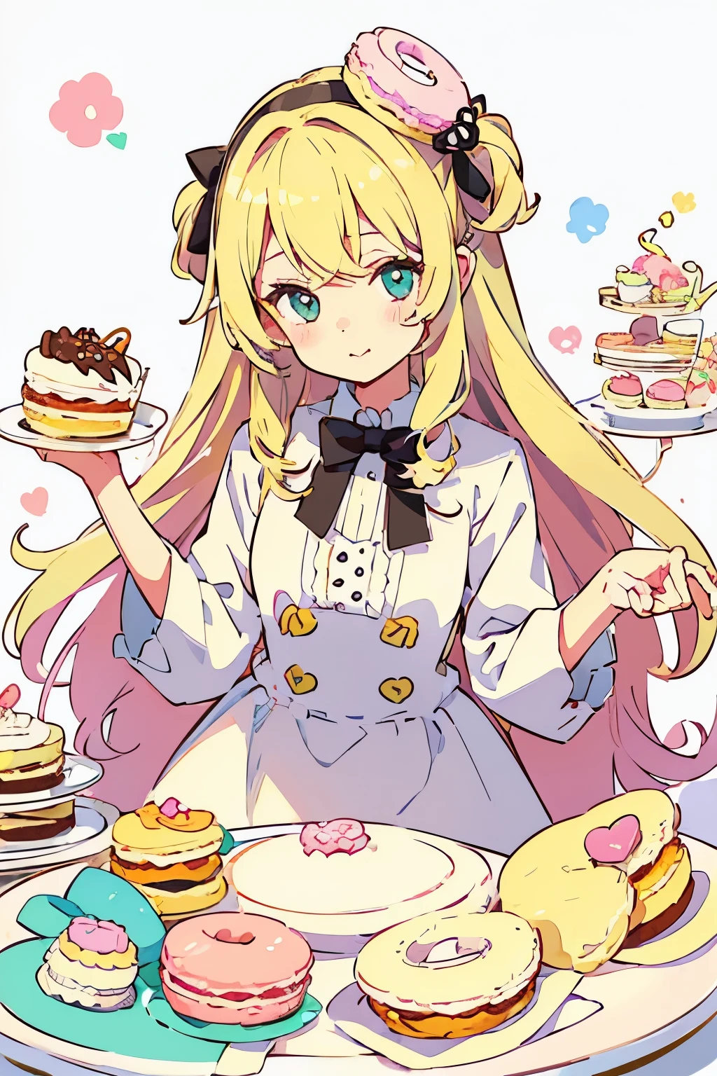 (cute illustration:1.5), cute 女性、hair color is blonde , pastel colored costumes、cake、 Macaron、donut、cookie、black tea、cute、sweet、fluffy、pale hue