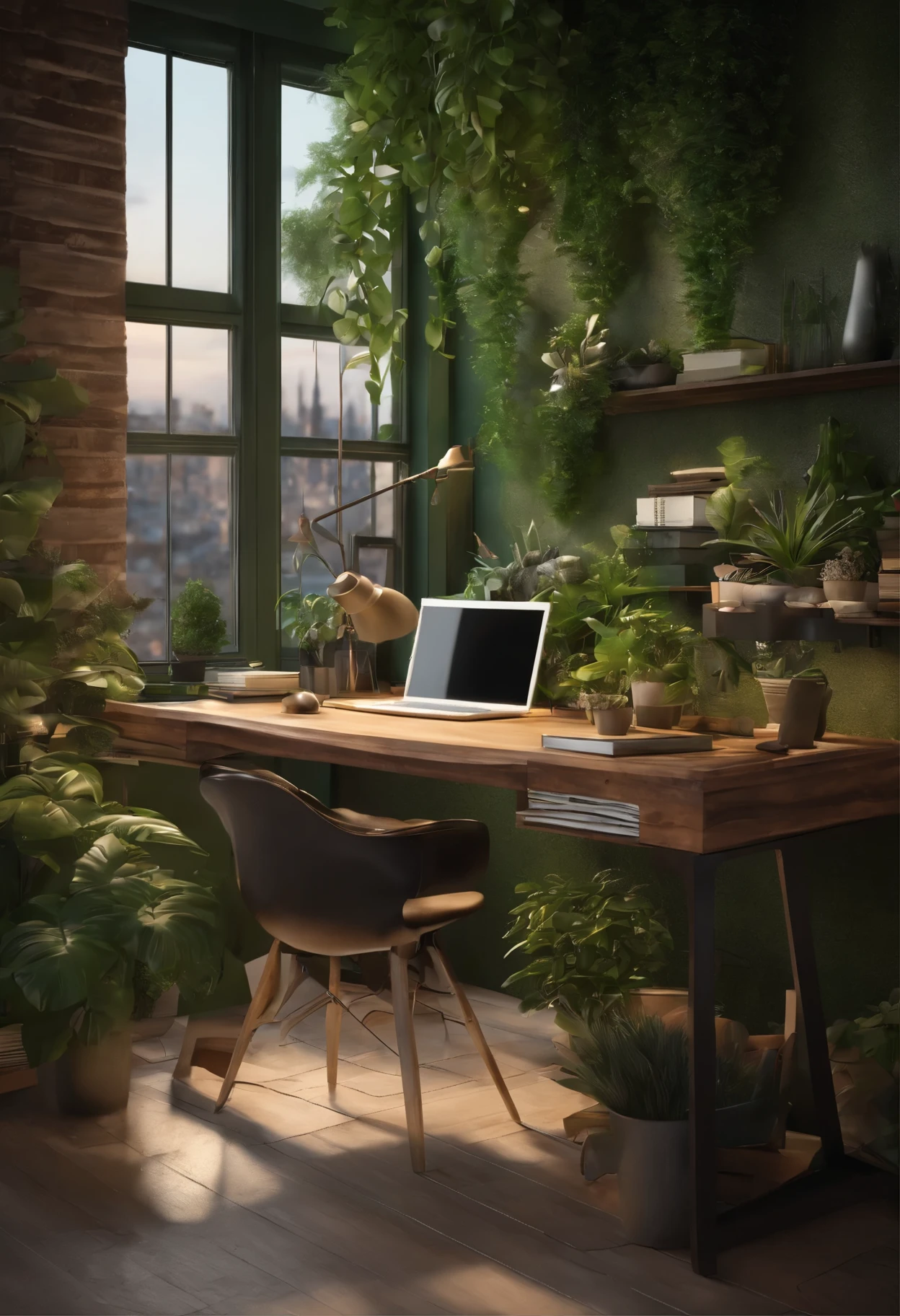 an artist desk with plants, books, paper, laptop, shelf, drawers, with a view to a green urban scenery high quality, v ray render , real , real rendering 