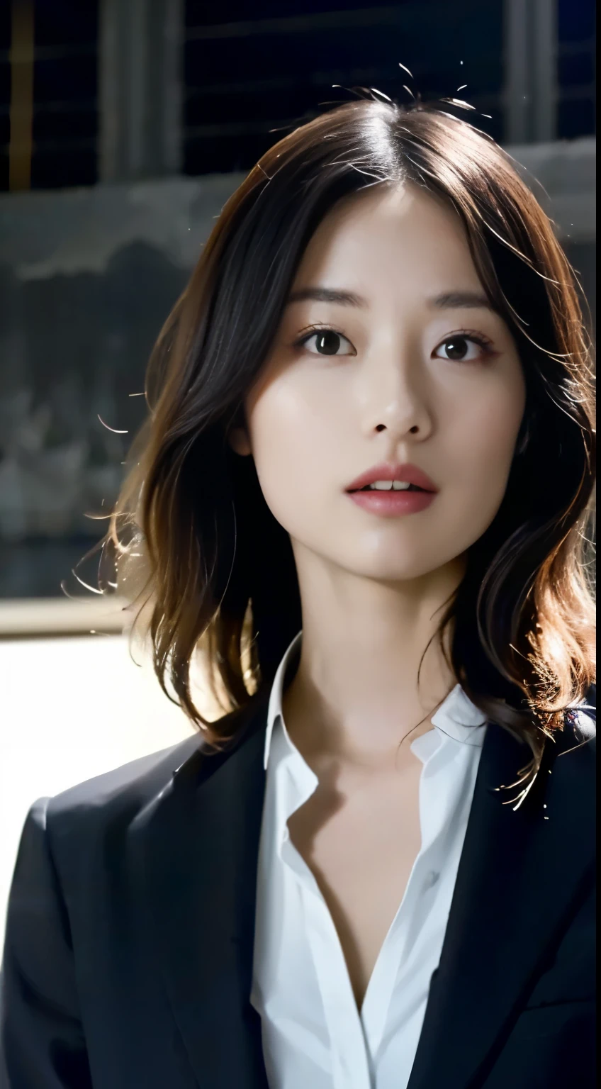 dark and gloomy, 8k, Close-up of a 30-year-old brunette Brazilian businessman on a dark background at night, (Real dark brown hair is straight、there are waves of light) , compensate, red lips, brown eyes, (Wearing a black Chanel tailored blazer, Black silk blouse and black straight pants), looking confident, surreal, {girl with very beautiful olive skin},  (highly detailed skin: 1.2) {{{masterpiece}}}, realistic texture, dynamic composition, Fujifilm XT2, 85mm F1.2, shutter speed 1/80, (Bokeh), high contrast、