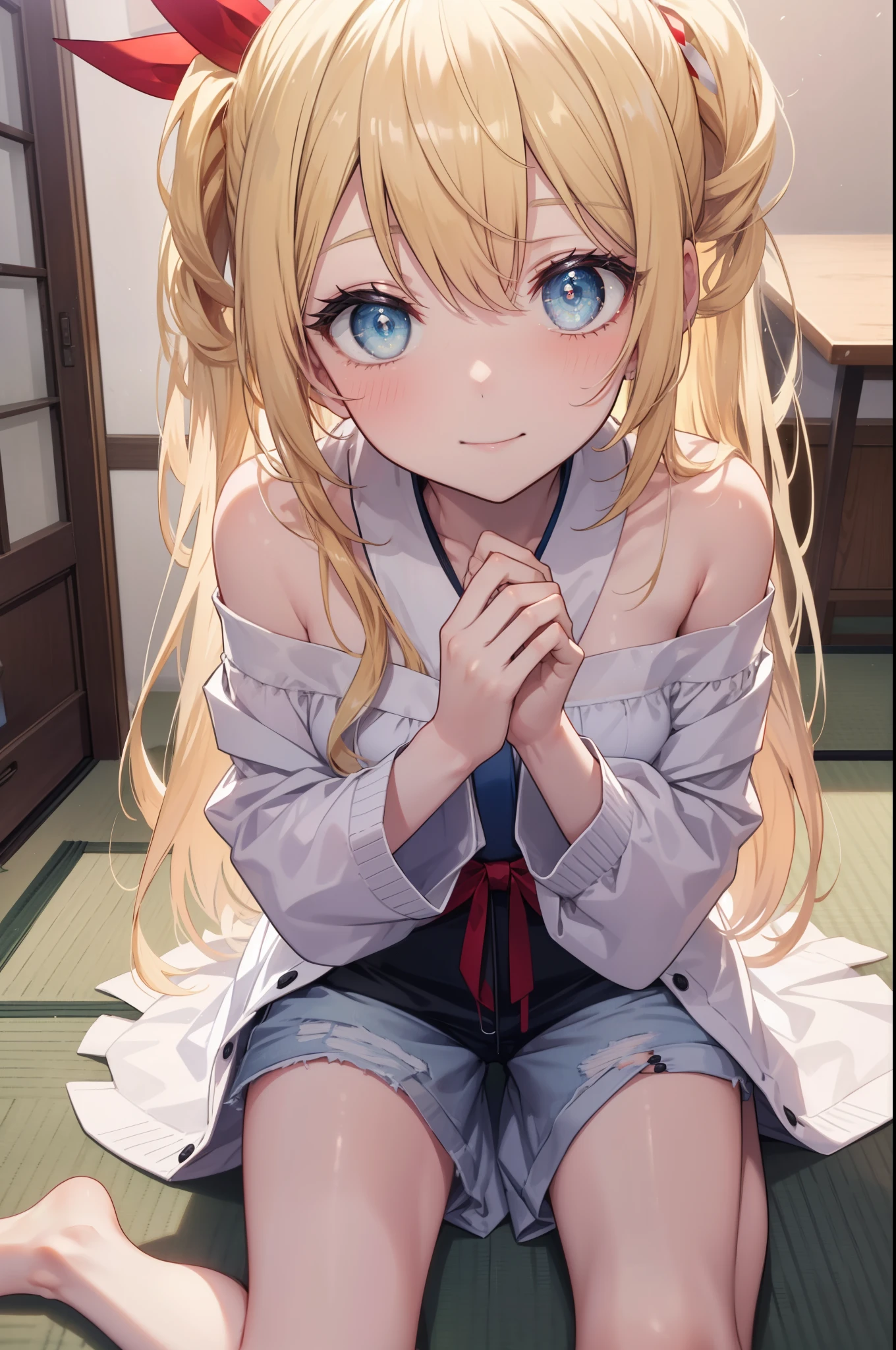 Sengetsukirisaki, chitoge kirisaki, blonde hair, blue eyes, blush,smile,hair ribbon, long hair, red ribbon, ribbon,off shoulder dress,shorts,barefoot,There&#39;s a lot of food on the table,tatamiの上に座ってる,幸せな雰囲気
break indoors, room(tatami),
break looking at viewer, break (masterpiece:1.2), highest quality, High resolution, unity 8k wallpaper, (figure:0.8), (detailed and beautiful eyes:1.6), highly detailed face, perfect lighting, Very detailed CG, (perfect hands, perfect anatomy),