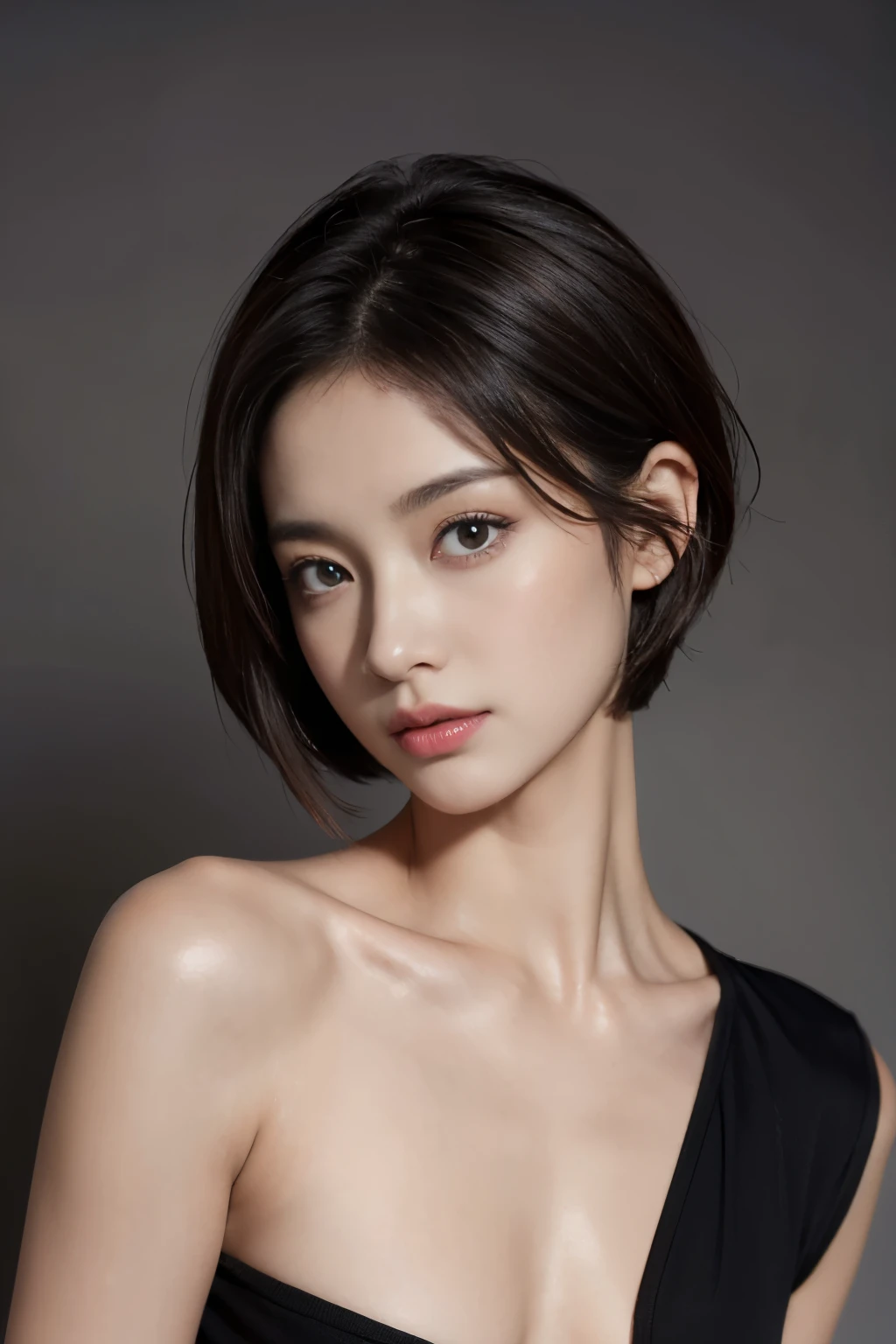 Tight black top:1.2, looking at the audience, light, perfect, soft light, High resolution skin:1.2, Realistic skin texture, 30 years old adult、small face、No makeup、, Off the shoulders,Bust B cup、 Naked trench, red eyes, short hair, dark brown hair,gray background、