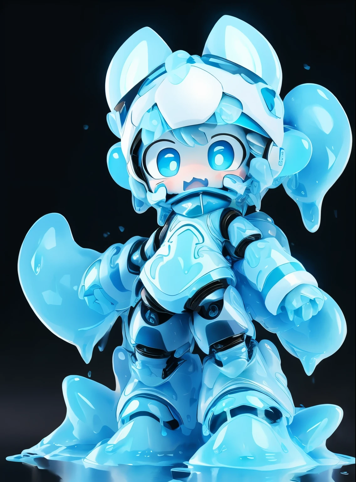 high quality,masterpiece,Mechanical white cat,Cat ears blue stripes,panic expression,Blue slime,blue slime,Blue slime滴落,身体潜入Blue slime,Blue slime覆盖腿,Correct tail,The right face