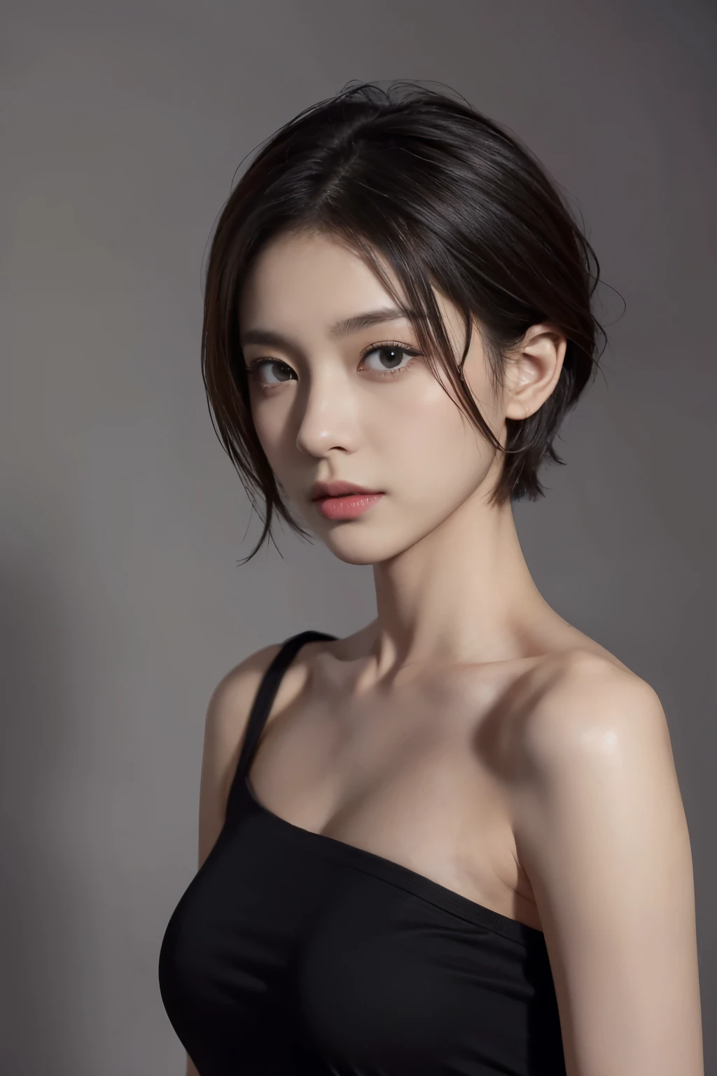 Tight black top:1.2, looking at the audience, light, perfect, soft light, High resolution skin:1.2, Realistic skin texture, 30 years old adult、small face、No makeup、, Off the shoulders,Bust B cup、 Naked trench, red eyes, short hair, dark brown hair,gray background、