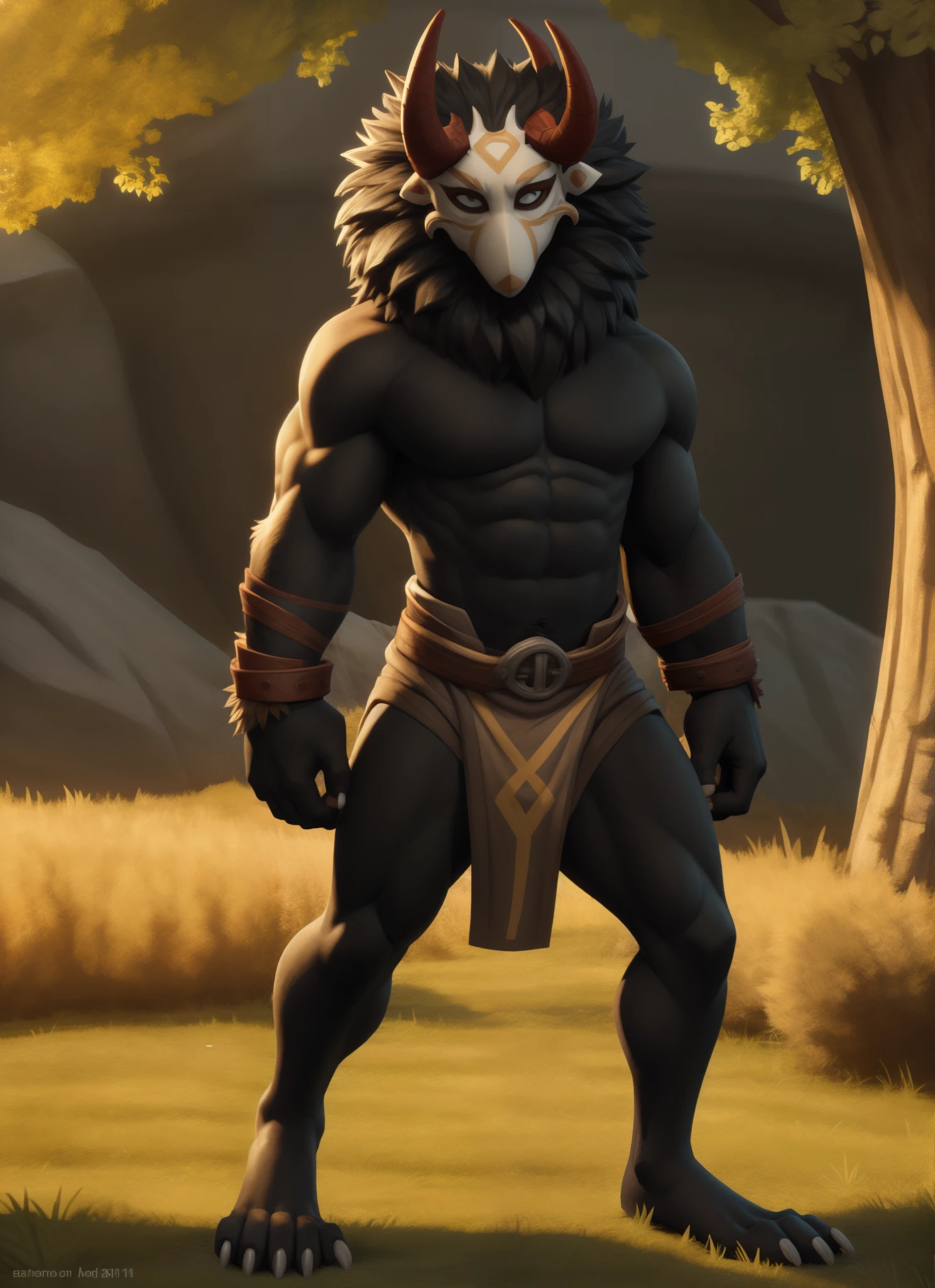 mitachurl, solo, male, mask, (pose:1.3), (posing:1.3), (soft shading), 4k, hi res, ((detailed face, detailed eyes, detailed)), (full body), by zackarry911, by zaush, (by personalami:0.5), meadow, 1boy, standing, male focus, penis, uncensored, erection, abs, testicles, loincloth, testicles