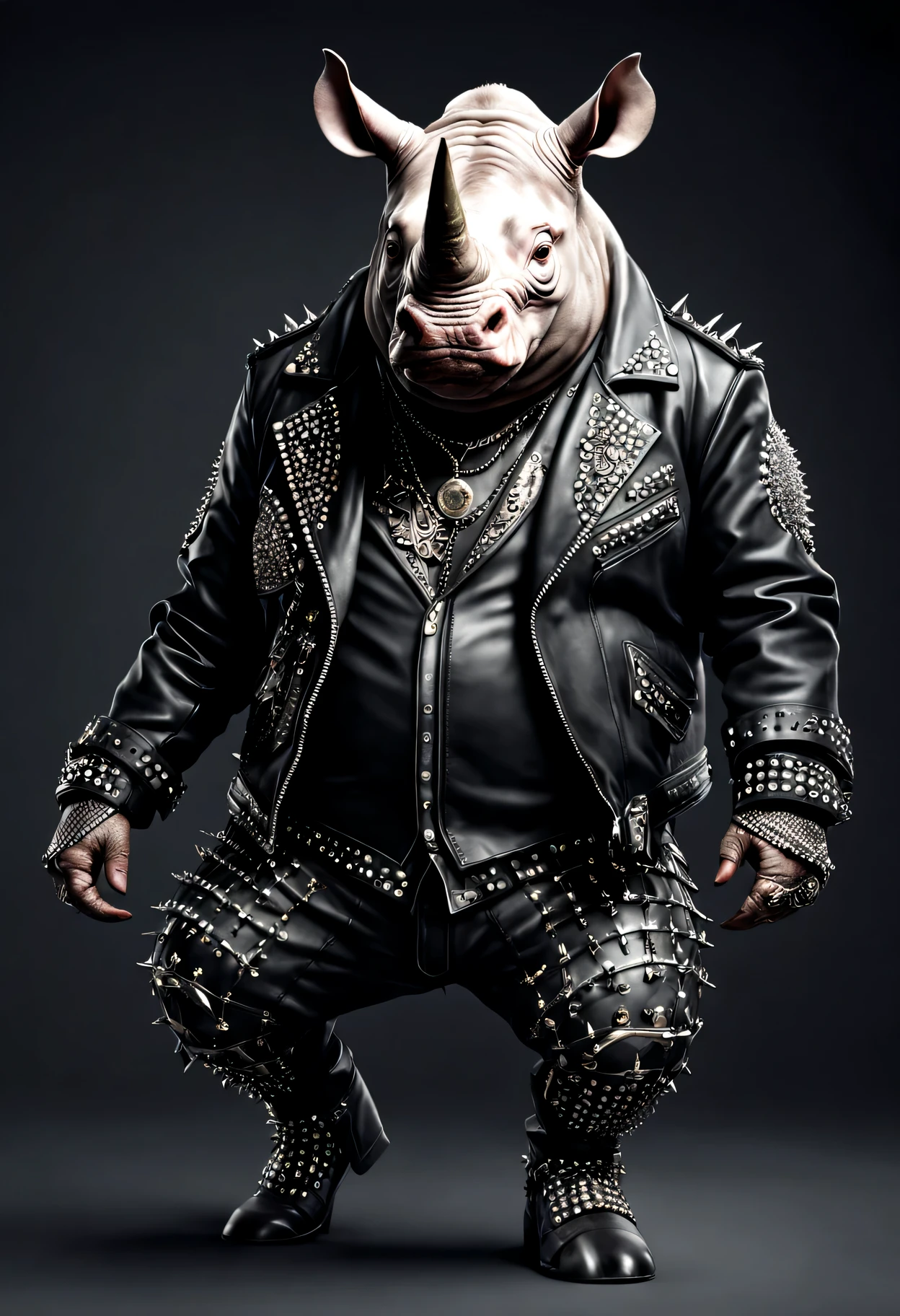 photorealistic portrait of Dressed animals - a ((fat) rhino punk-rocker, (full body image:1.5), (dancing action pose:1.5), Wearing a tailored black leather jacket featuring intricate silver stud patterns reminiscent of sacred symbols, adorned in a modern punk-rock ensemble,, detailed and opulent description of modern punk-rock style, studio lighting, intricate ornate accessories, simple background