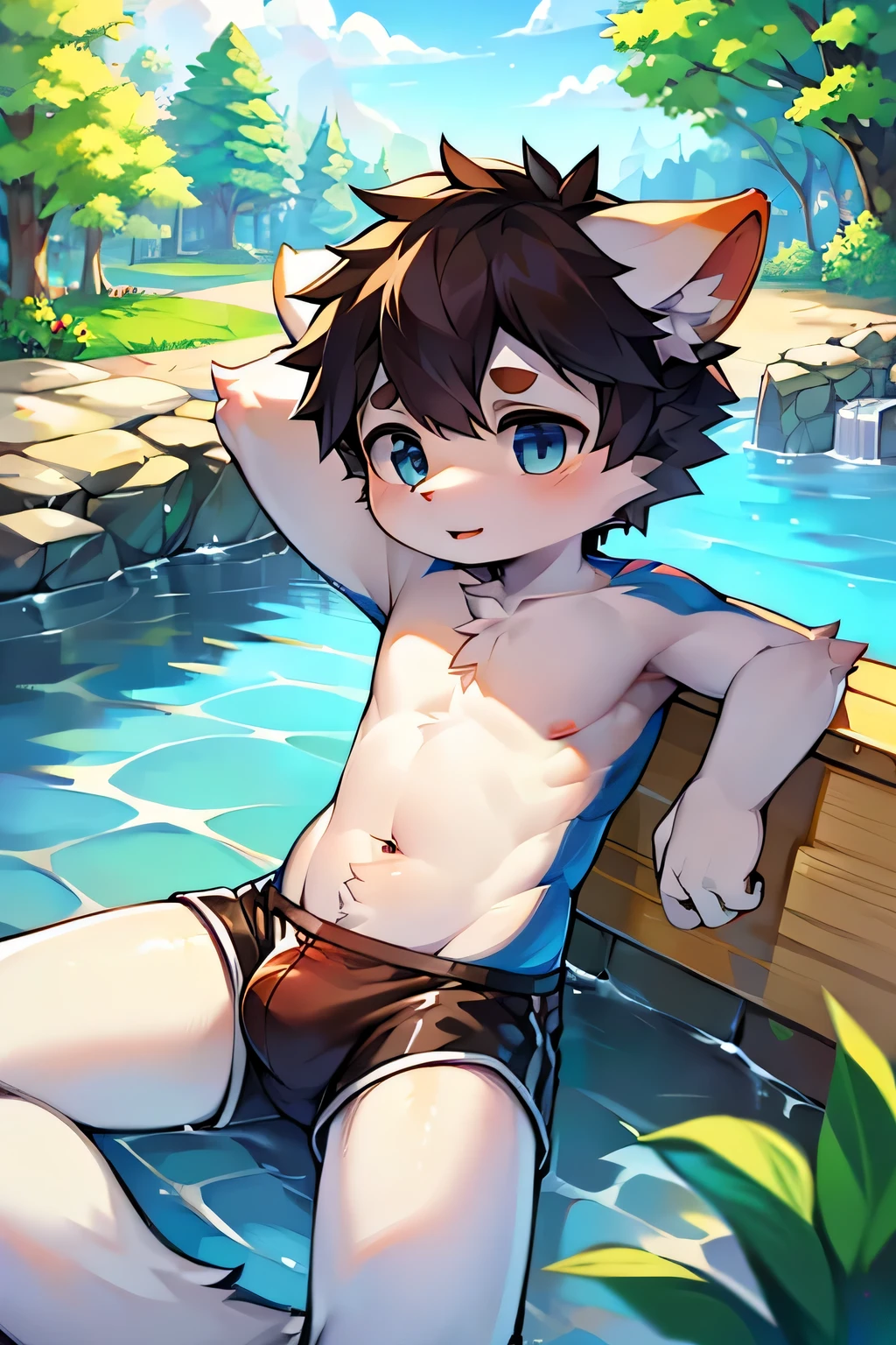 hairy,Shota,swim,(best quality),(masterpiece),Wear only briefs,no shirt,