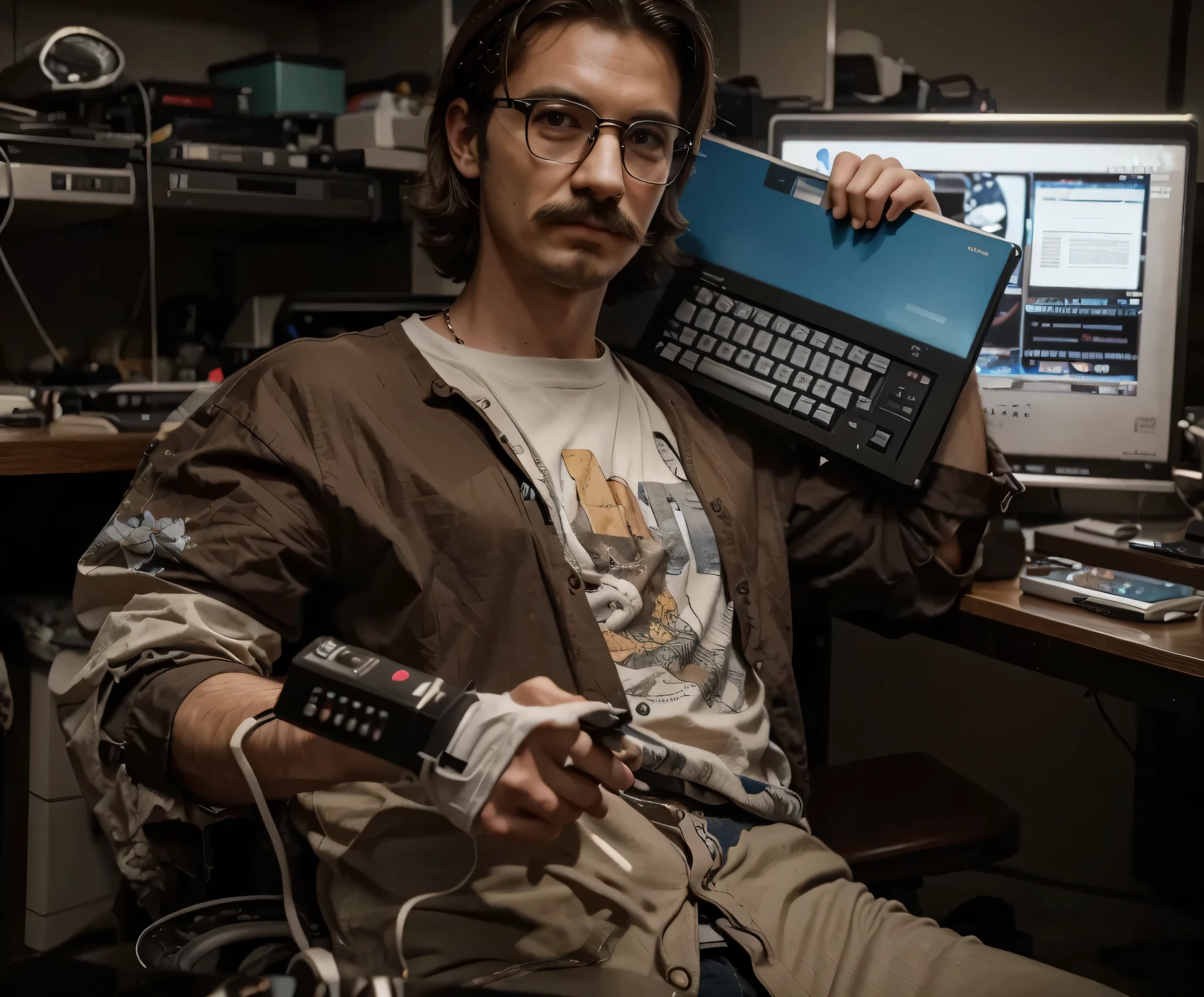 hombre muy nerd, British face, has a mustache and 80's hairstyle, gafas de montura gruesa, una camisa muy fea y una remera blanca con letras azules, con una mano sostiene un teclado de computadora, en la otra mano lleva un guante ultra avanzado con pantalla y teclas, is in an ultra advanced computer laboratory, imagen de estilo retro, con colores estilo 1980, ultra detallado, hyperRealista, 4k, ultra detallado image, Realista, Muy detallado, perfect composition, hermoso, intrincadamente detallado, incredibly detailed , 8k art photography, hiper detallado, Obra maestra, ultra detallado, hyper Realista, 4k, ultra detallado image, Realista, muy detallado, perfect composition, hermoso, intrincadamente detallado, incredibly detailed, 8k art photography, hiper detallado, Obra maestra