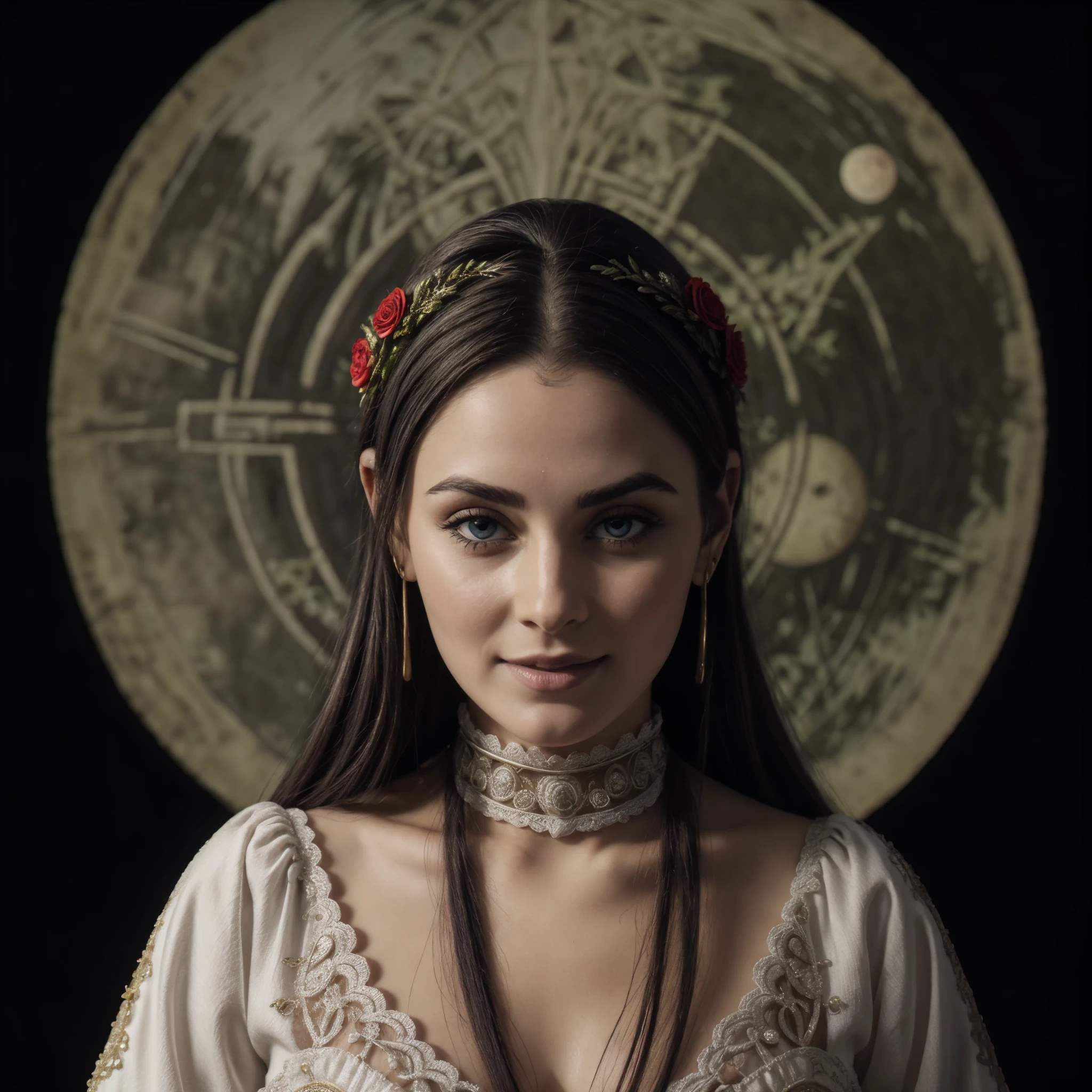 ((hyperrealistic, photorealistic, intricate details, full HD, maximum quality)) a dark elf, pointed ears, full breasts, full lips, silky pale skin, flowing black hair, with funereal flowers in her hair, beautiful eyes, with a red full moon behind her head ((red moon, intricate details)) and a night sky, smiling, wearing a pure white low-cut dress, hyperrealistic dark elf sorceress, photorealistic dark elf dark elf, a beautiful goddess of nature under the moonlight of intricate details.