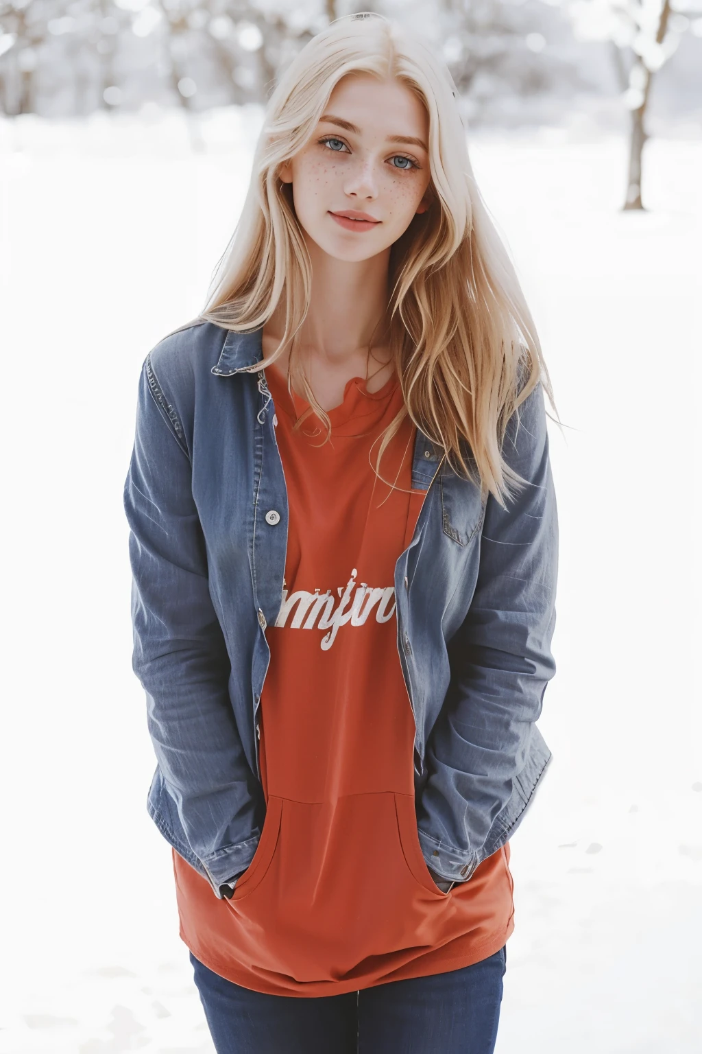 mulher, americana, 20 anos, pale skin and freckles, olhos cinzas, nariz delicado, soft and delicate lips, Cabelo blondie cinza longo e ondulados, sorriso meigo