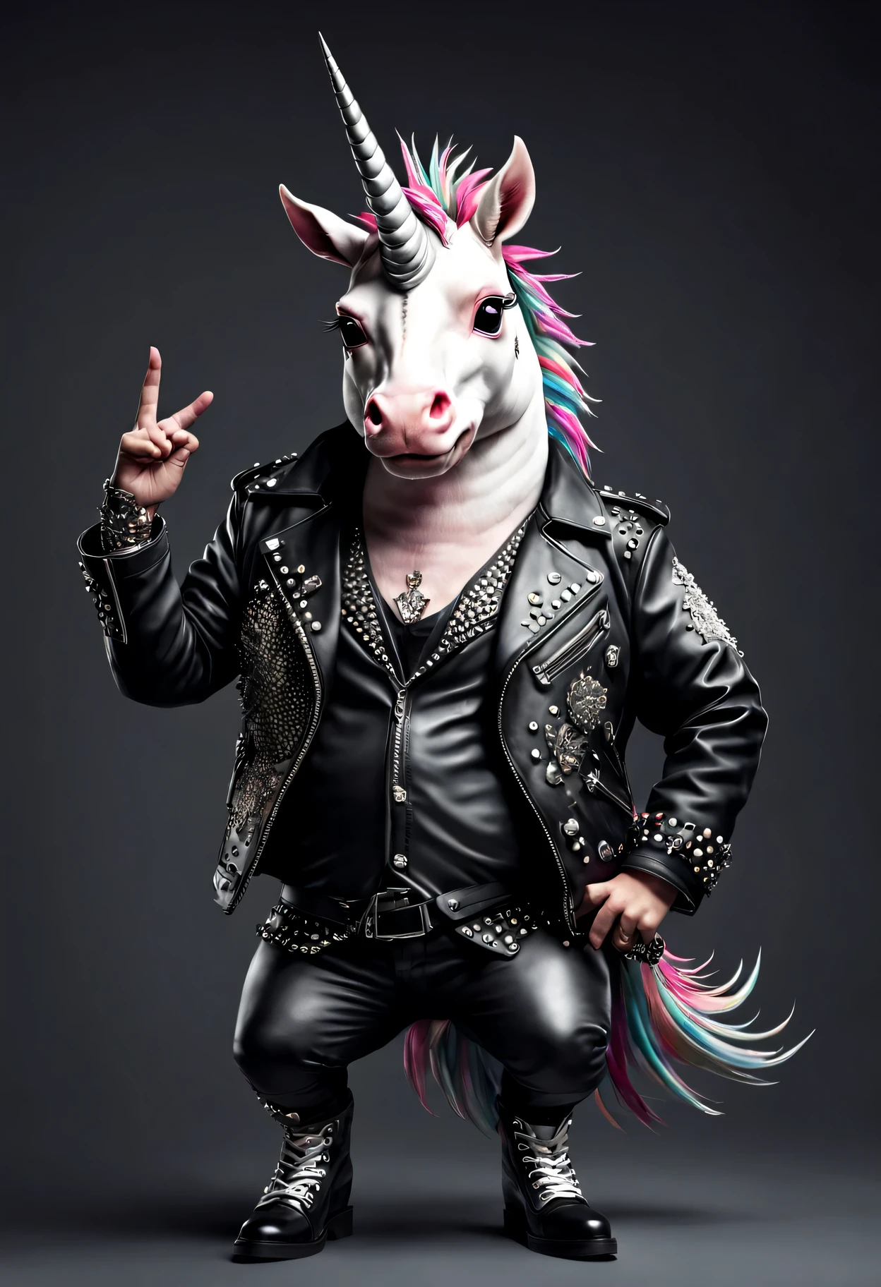 photorealistic portrait of Dressed animals - a ((fat) unicorn punk-rocker, (full body image:1.5), (dancing action pose:1.5), Wearing a tailored black leather jacket featuring intricate silver stud patterns reminiscent of sacred symbols, adorned in a modern punk-rock ensemble,, detailed and opulent description of modern punk-rock style, studio lighting, intricate ornate accessories, simple background