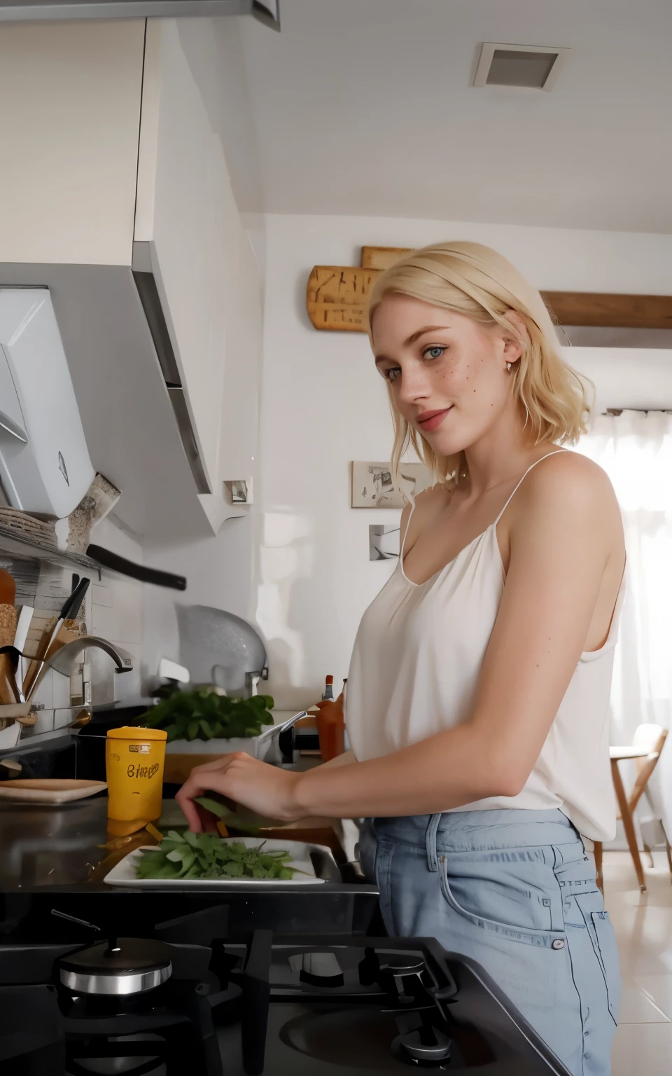 young blonde woman smile sexy naked in kitchen