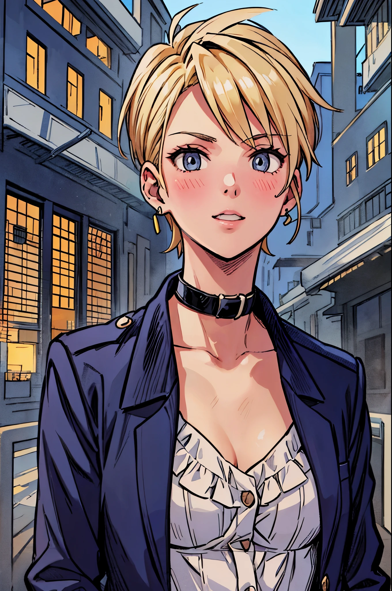 best quality,ultra-detailed,((background:outside street1,8)),(walking in the street),((face-focus),(portrait),((one boy)),((fem boy)),((trap)),((bulge)),black-choker,earrings((blonde short hair)),((man’s face)),((dress up as a woman)),((blush)),((flustred)),((poor chest)),((flat chest)),(school-uniform),(blouse),(blazer-uniform),vibrant colors,soft lighting,