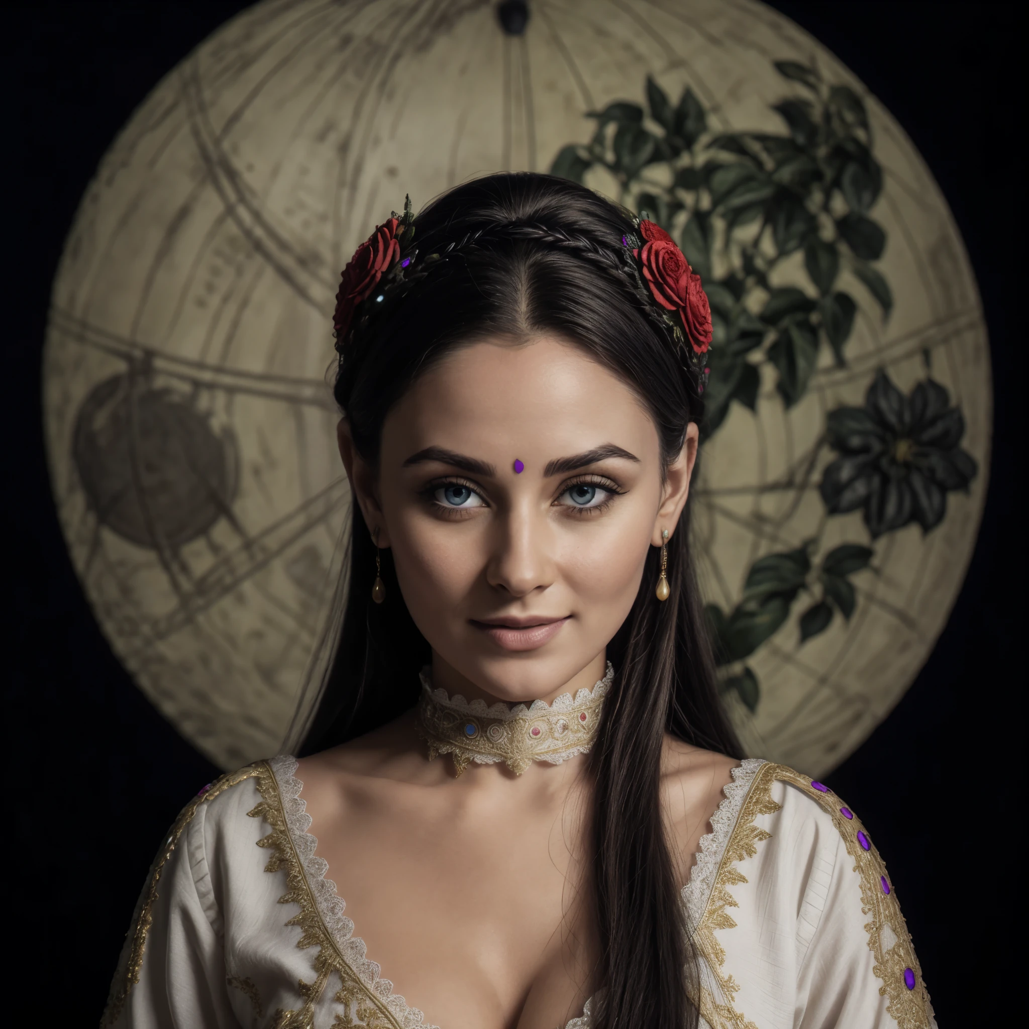 ((hyperrealistic, photorealistic, intricate details, full HD, maximum quality)) a dark elf, pointed ears, full breasts, full lips, silky pale skin, flowing black hair, with funereal flowers in her hair, beautiful eyes, with a red full moon behind her head ((red moon, intricate details)) and a night sky, smiling, wearing a pure white low-cut dress, hyperrealistic dark elf sorceress, photorealistic dark elf dark elf, a beautiful goddess of nature under the moonlight of intricate details.