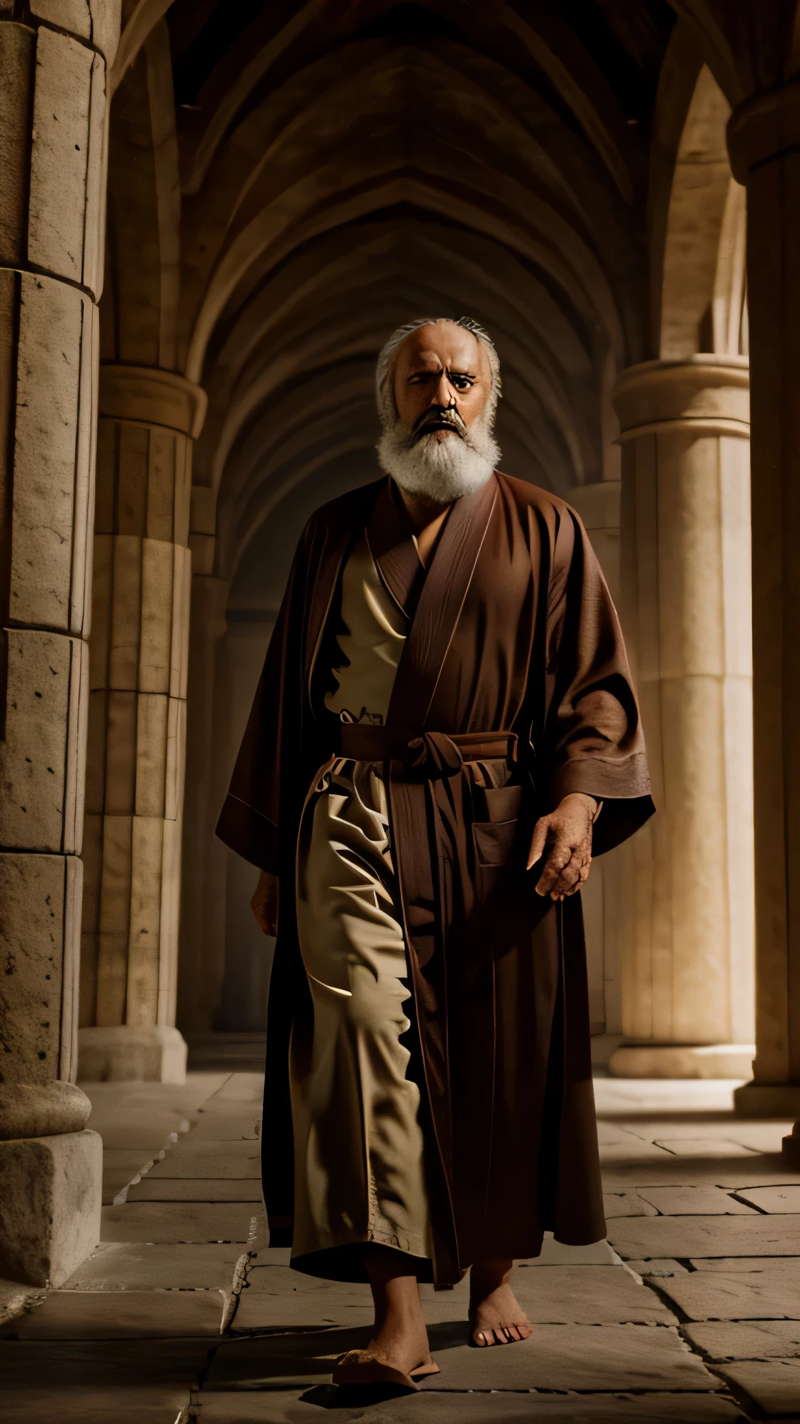 A rich old person beard wearing robes,,a young man no beard,wearing robes, bronze age architecture in the background, , Cinematic 8K hyper-realistic, ultrarealistic, soft lighting, 8k