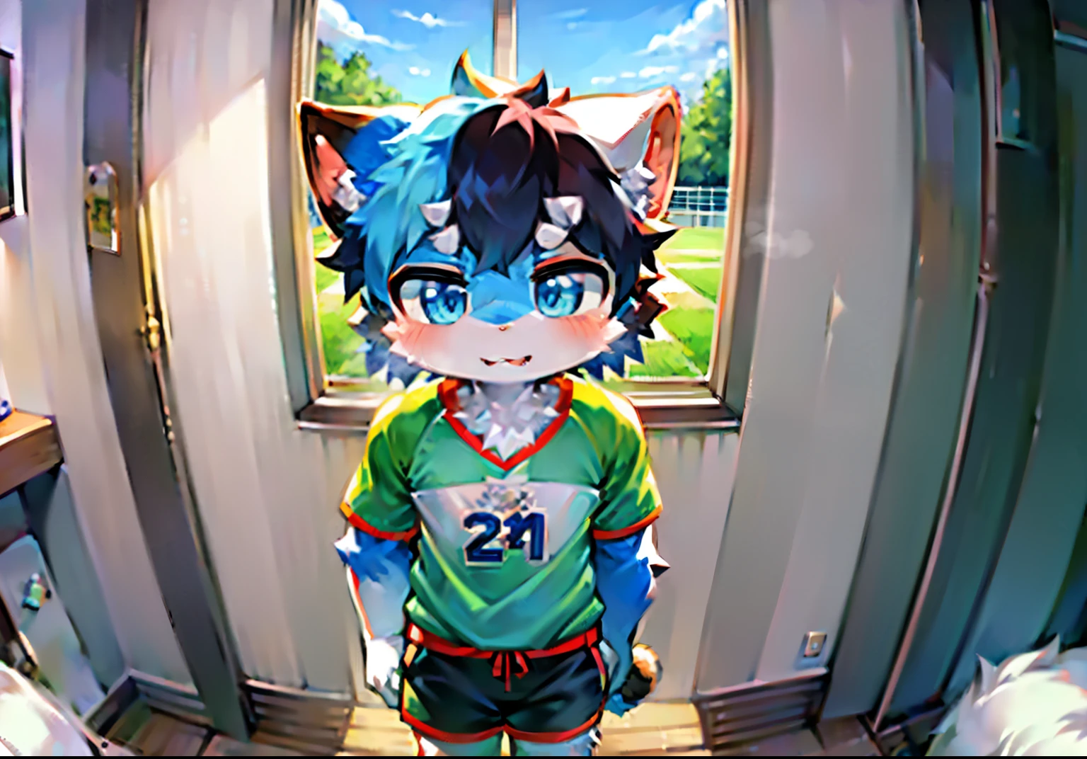 masterpiece,high quality,ridiculous resolution,Digital painting\(artwork\),Dagashi,Yes,Kiyoyama,(fluffy fur:1.1),(brightness:0.8),human male cat。 (blue eyes,white fur,hairy all over,cat nose:1.2),眼睛有brightness,Full room view,Character focus。Detailed background,complex background,proud expression,Face turned red,Serious expression,Cute expression,(White football shirt,white football socks,soccer cleats,Black tight shorts,breath through:1.2),(external,football field: 1.2)
