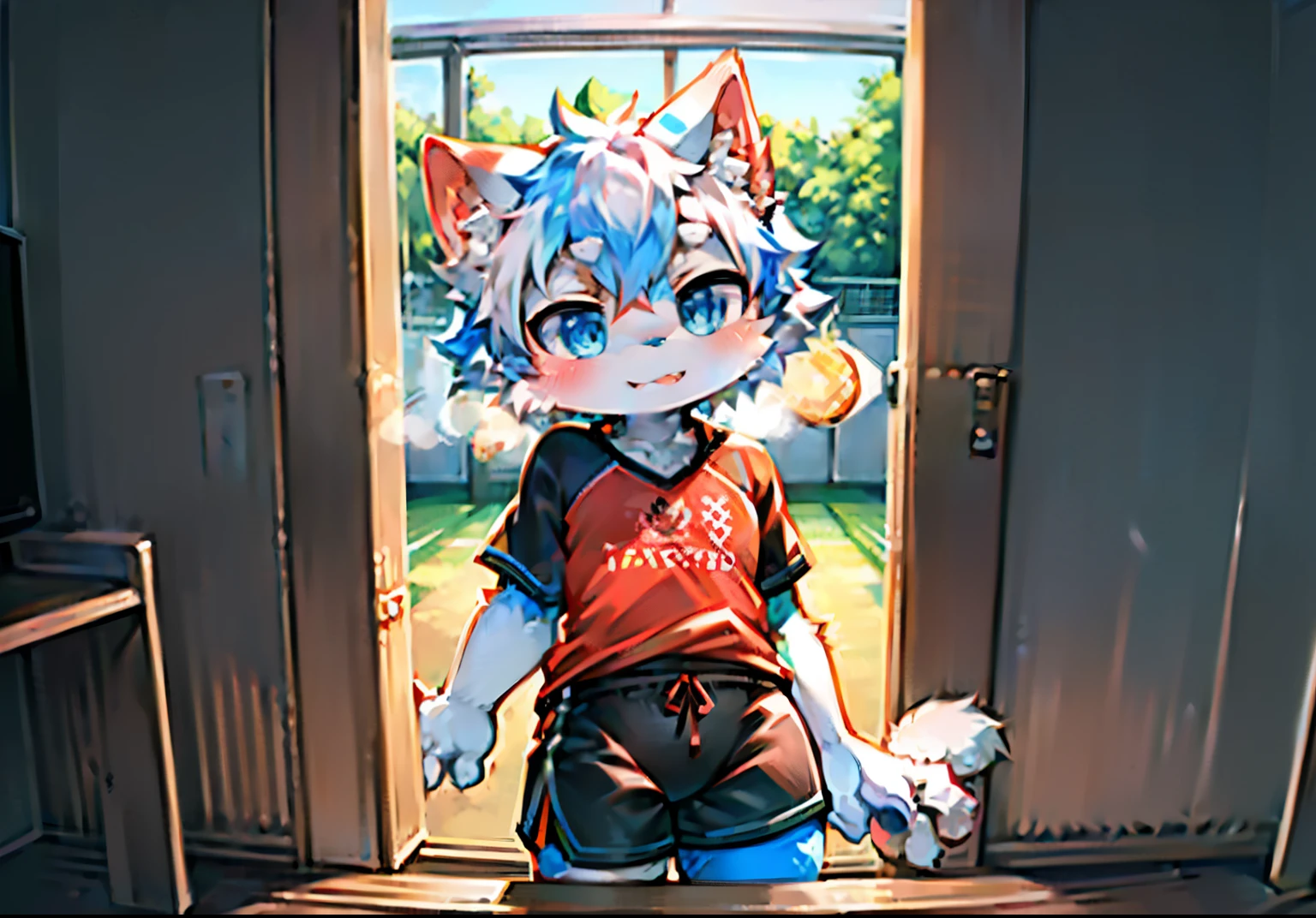 masterpiece,high quality,ridiculous resolution,Digital painting\(artwork\),Dagashi,Yes,Kiyoyama,(fluffy fur:1.1),(brightness:0.8),human male cat。 (blue eyes,white fur,hairy all over,cat nose:1.2),眼睛有brightness,Full room view,Character focus。Detailed background,complex background,proud expression,Face turned red,Serious expression,Cute expression,(White football shirt,white football socks,soccer cleats,Black tight shorts,breath through:1.2),(external,football field: 1.2)